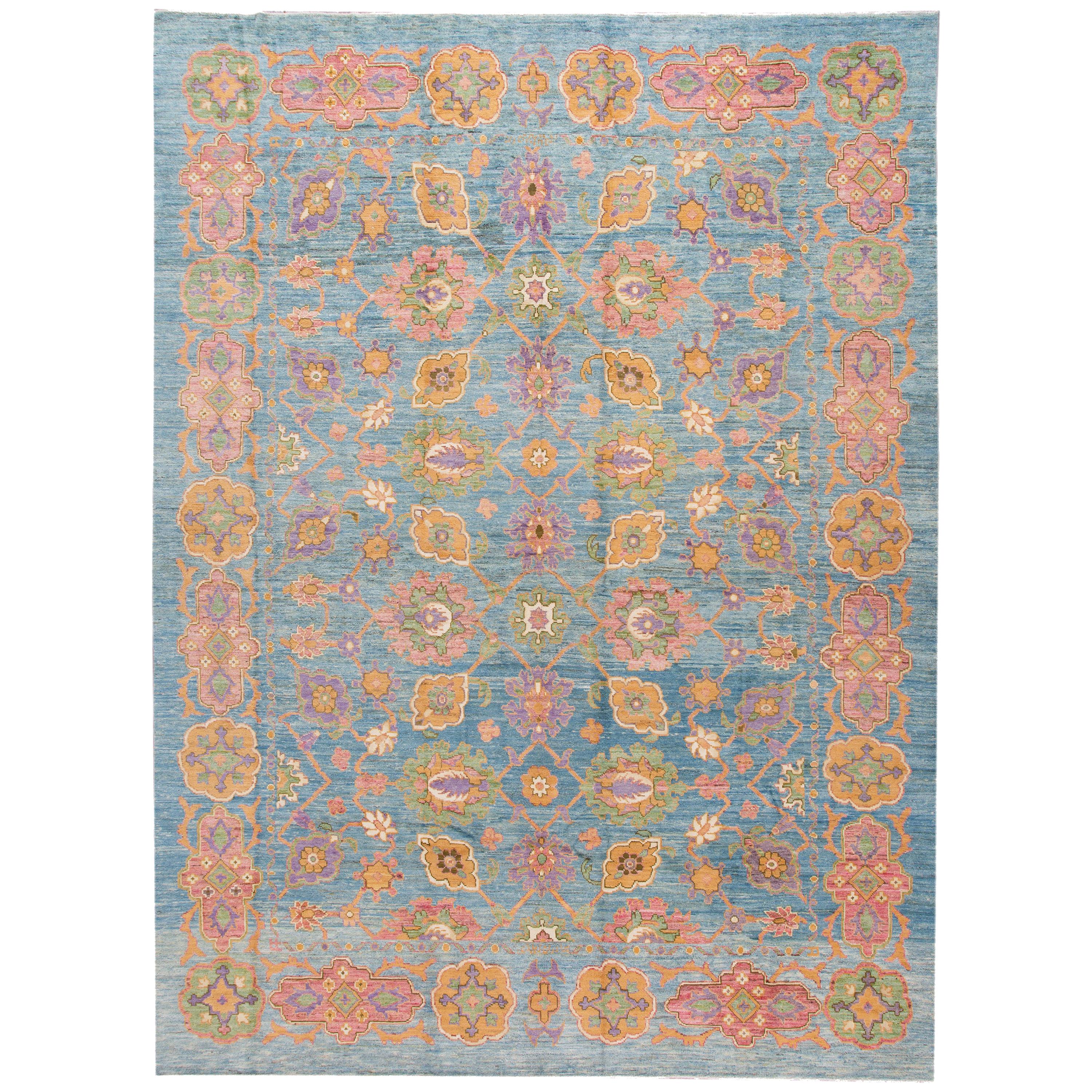 Apadana's Blue Modern Oushak Oversize Handmade Wool Rug