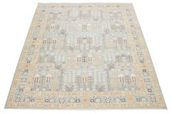 Alfombra de lana azul de estilo oushak moderno hecha a mano con diseño geométrico