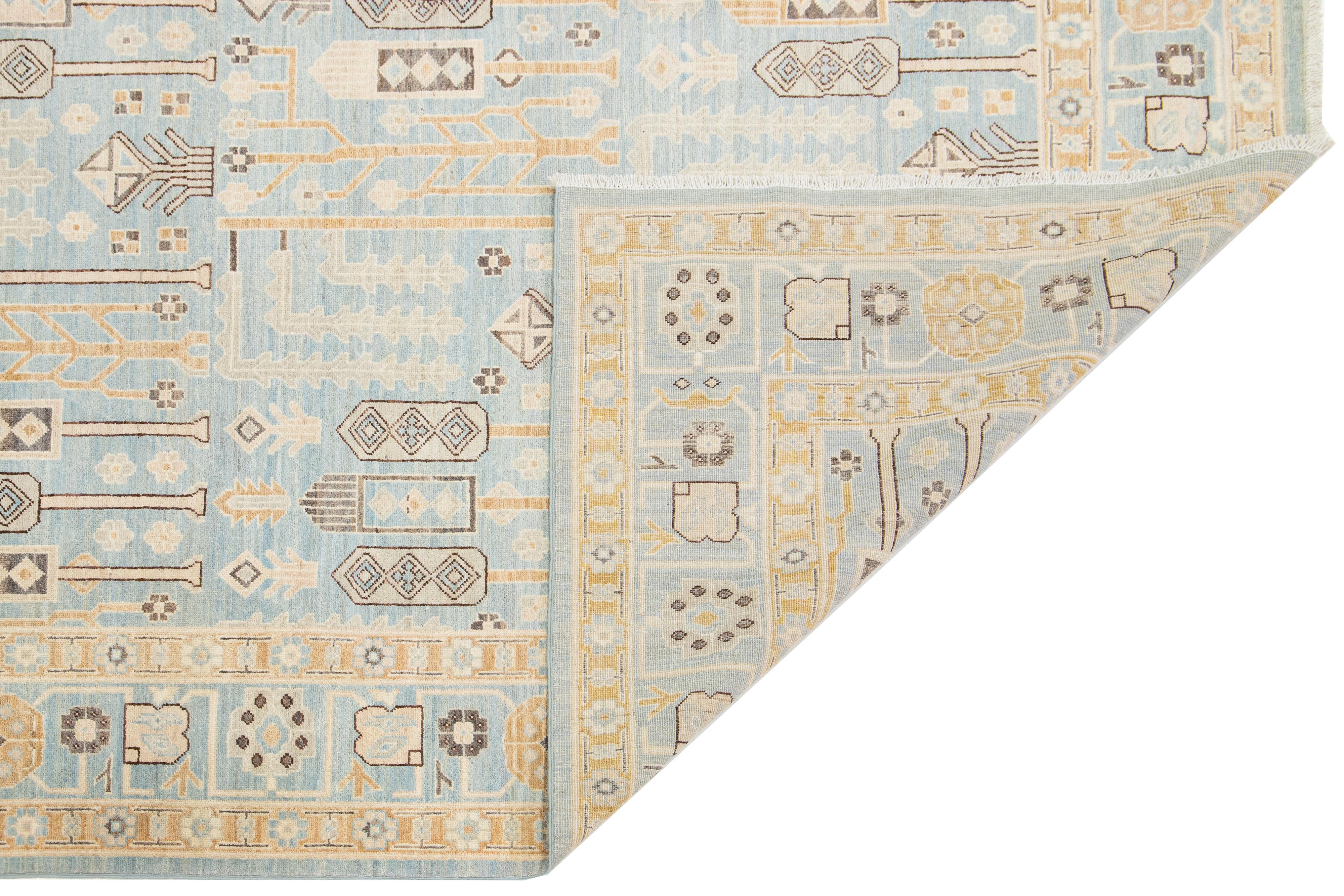 Pakistano Tappeto in lana fatto a mano in stile Oushak moderno blu con design geometrico in vendita