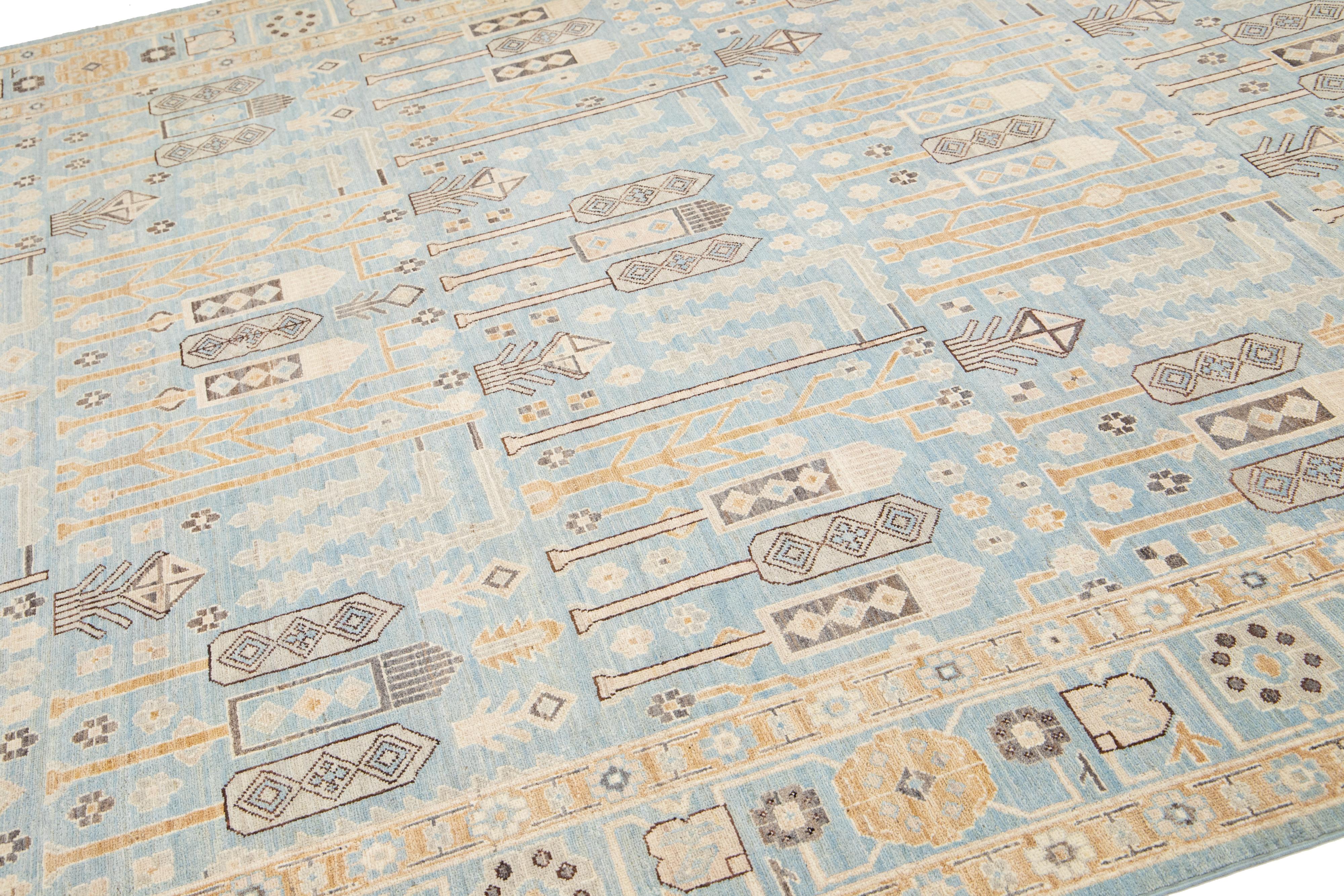 Tappeto in lana fatto a mano in stile Oushak moderno blu con design geometrico In condizioni Nuovo in vendita a Norwalk, CT