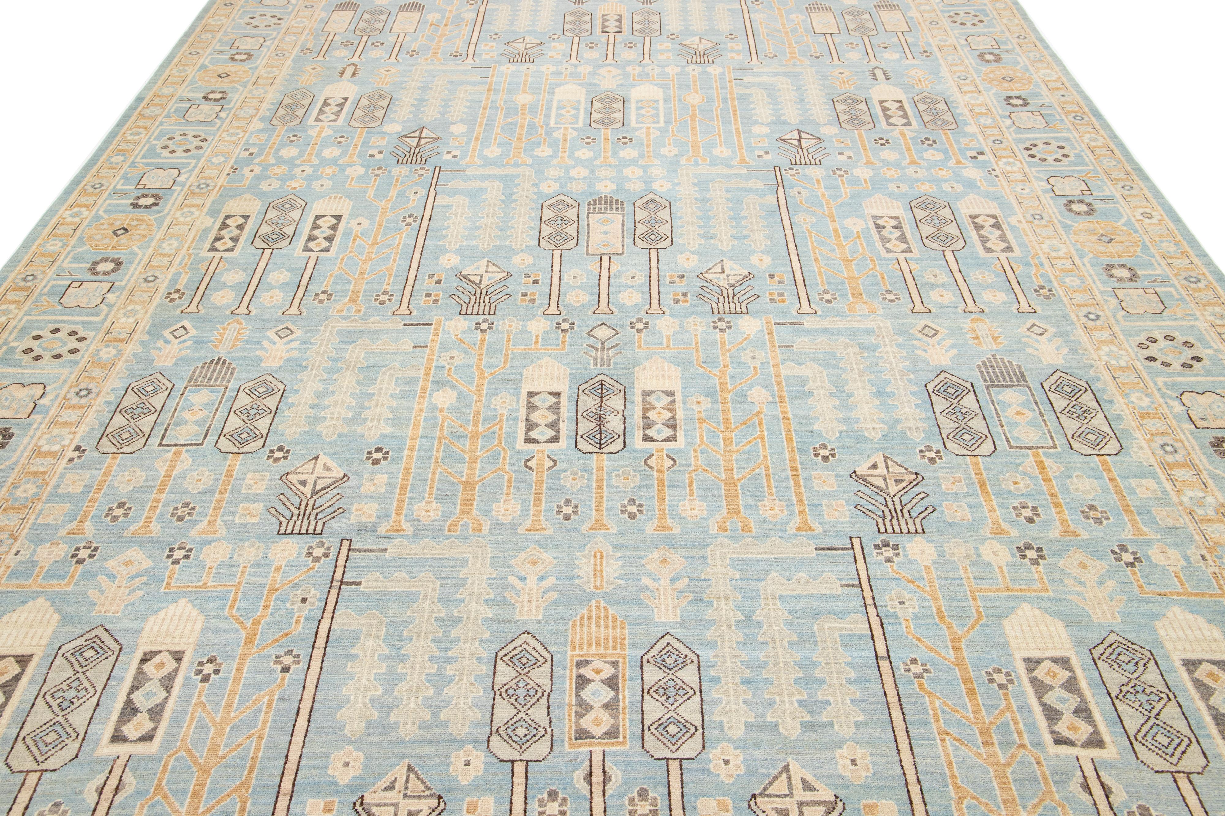 Lana Tappeto in lana fatto a mano in stile Oushak moderno blu con design geometrico in vendita