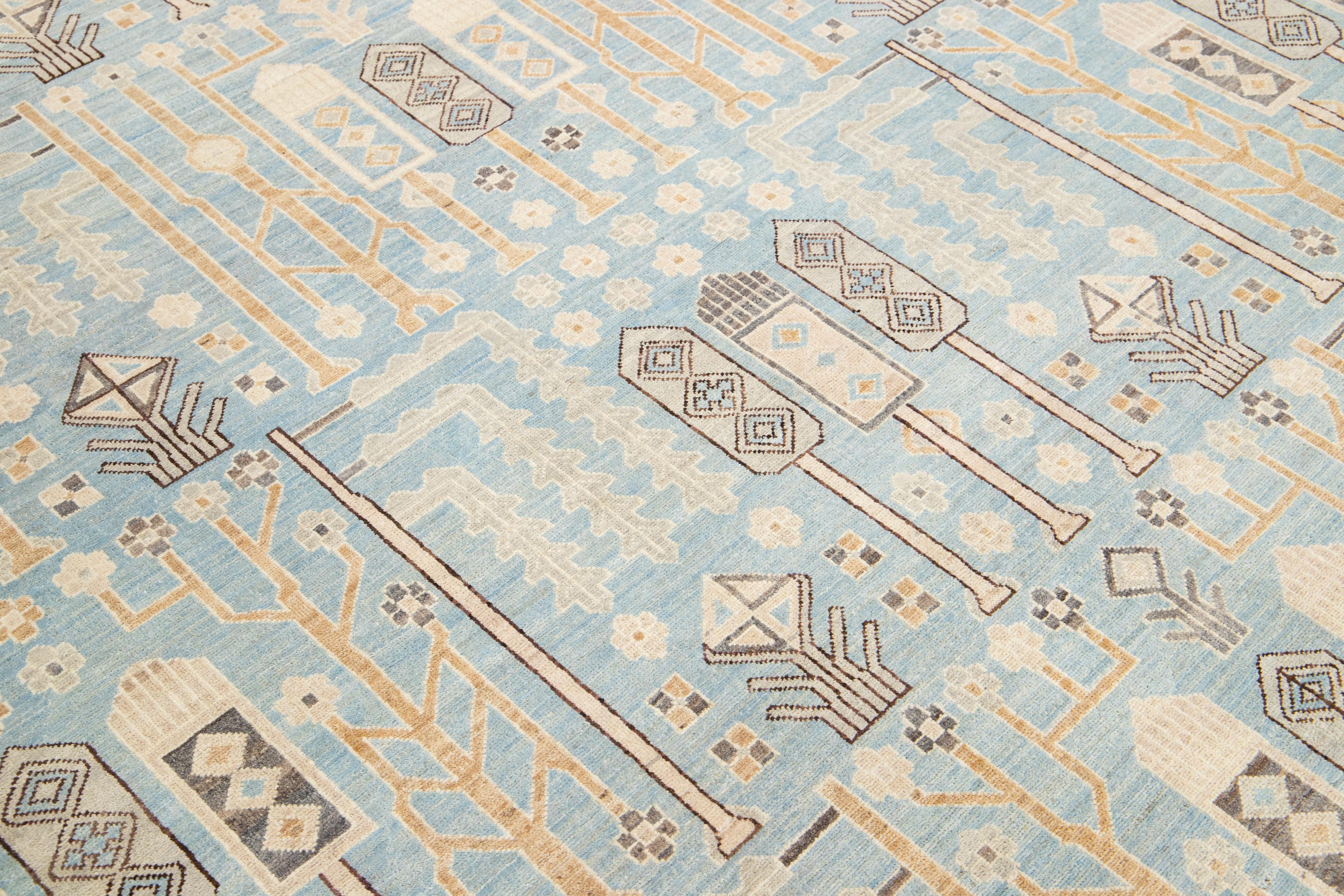 Tappeto in lana fatto a mano in stile Oushak moderno blu con design geometrico in vendita 1