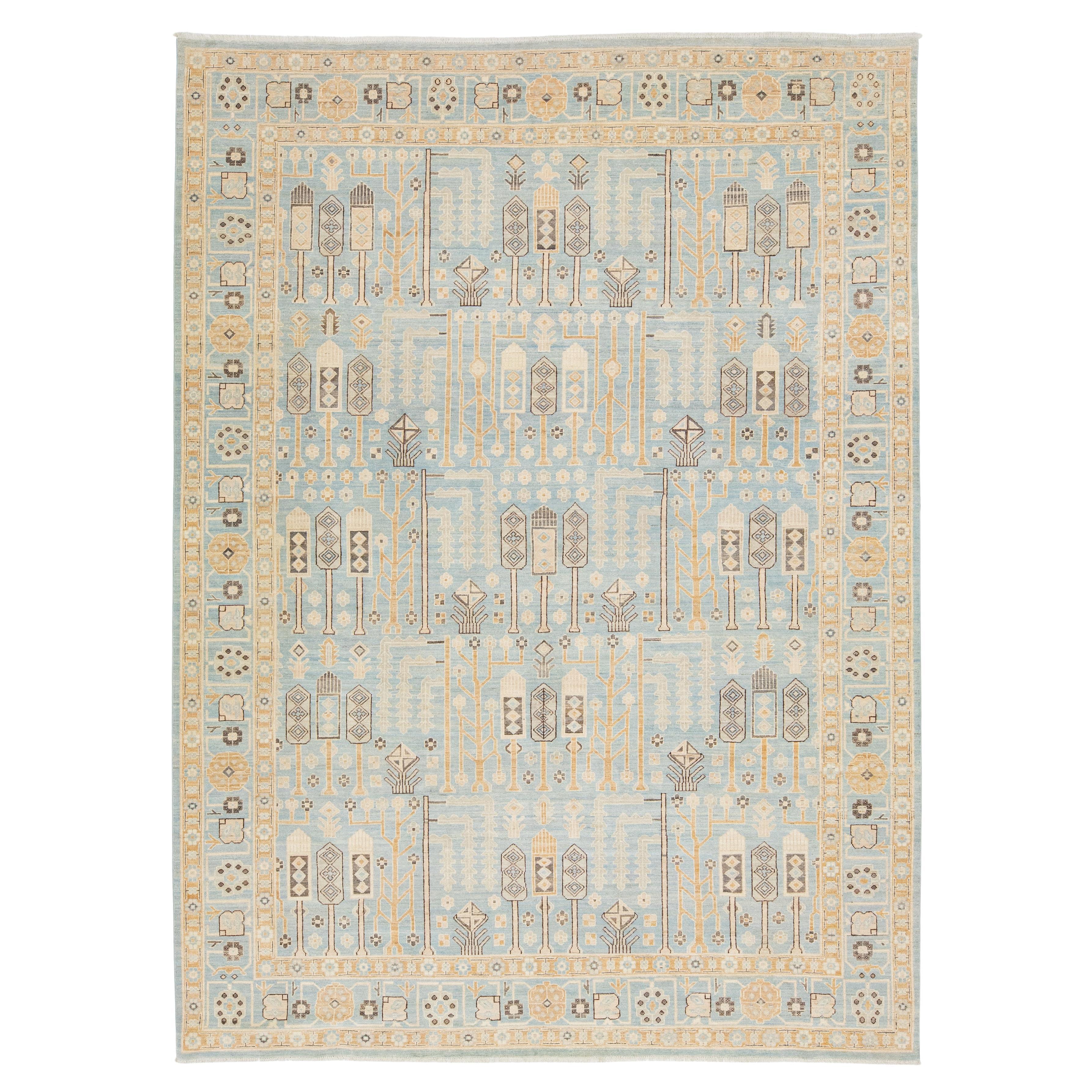 Tappeto in lana fatto a mano in stile Oushak moderno blu con design geometrico in vendita