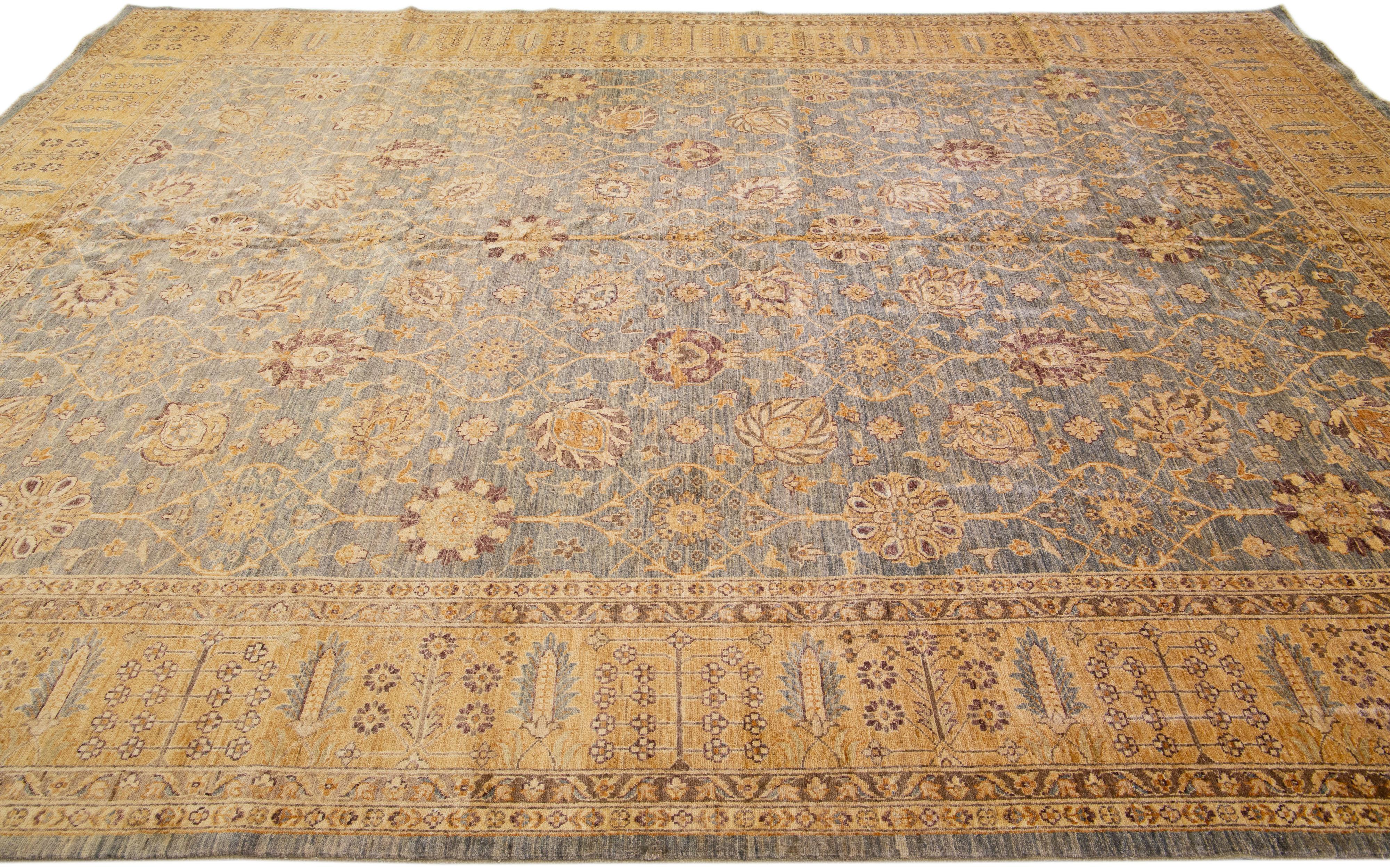 Contemporary Blue Modern Peshawar Handmade Wool Rug With Palmettes Motif For Sale