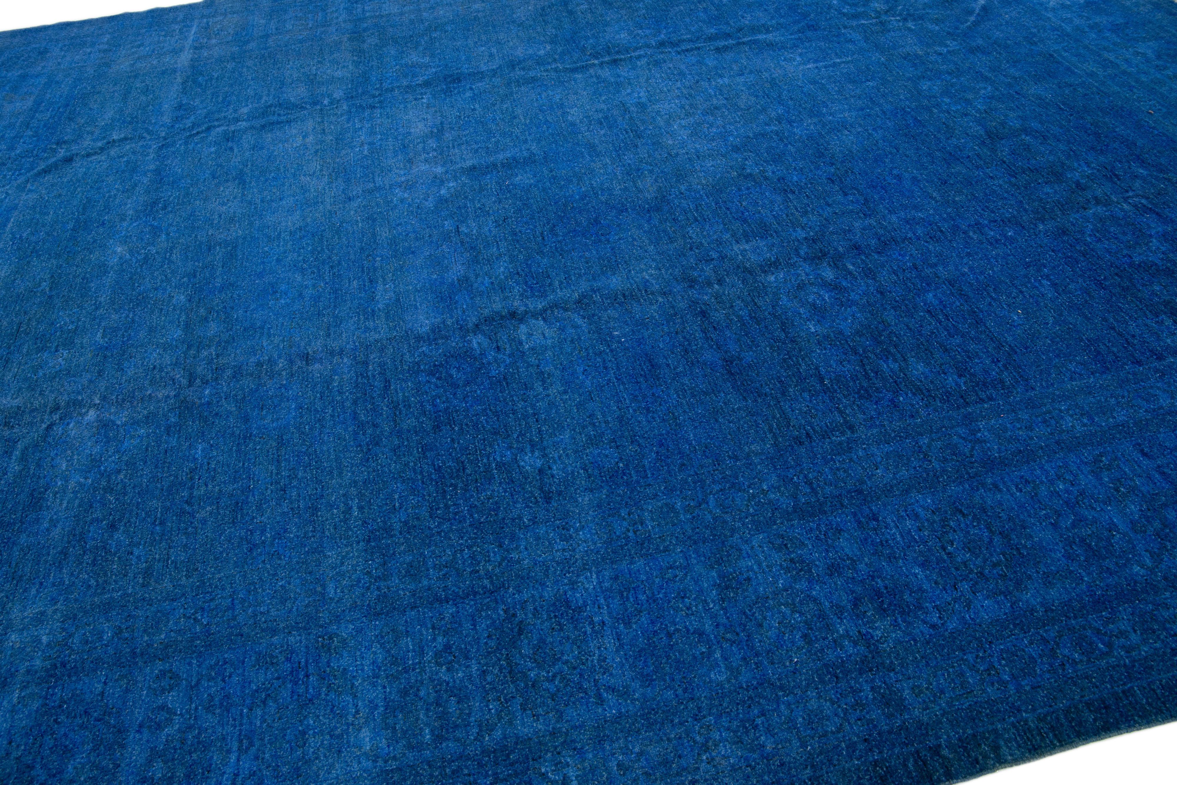 Mid-Century Modern Blue Modern Peshawar Overdyed Handmade Indian Wool Rug For Sale
