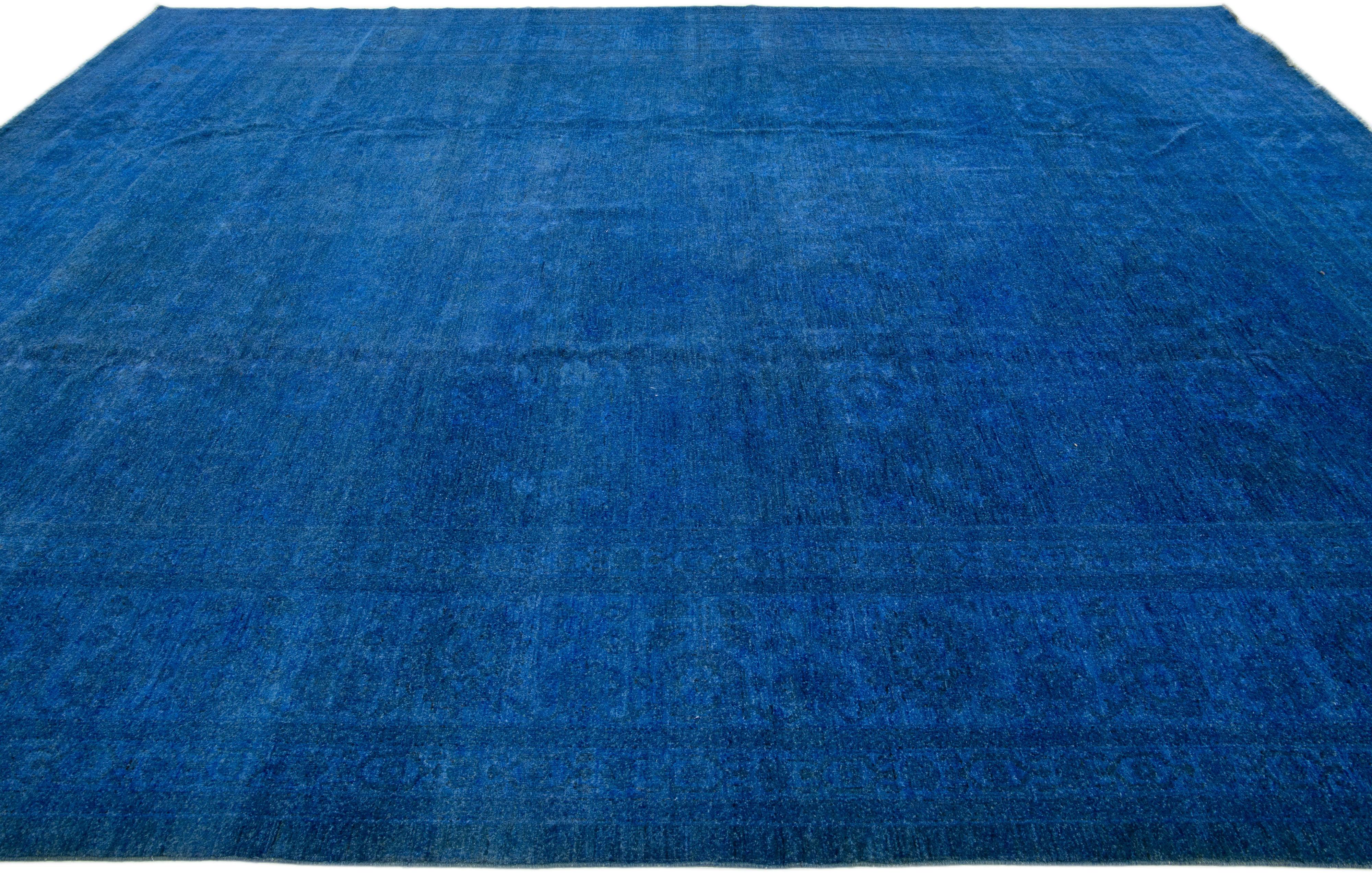 Hand-Knotted Blue Modern Peshawar Overdyed Handmade Indian Wool Rug For Sale