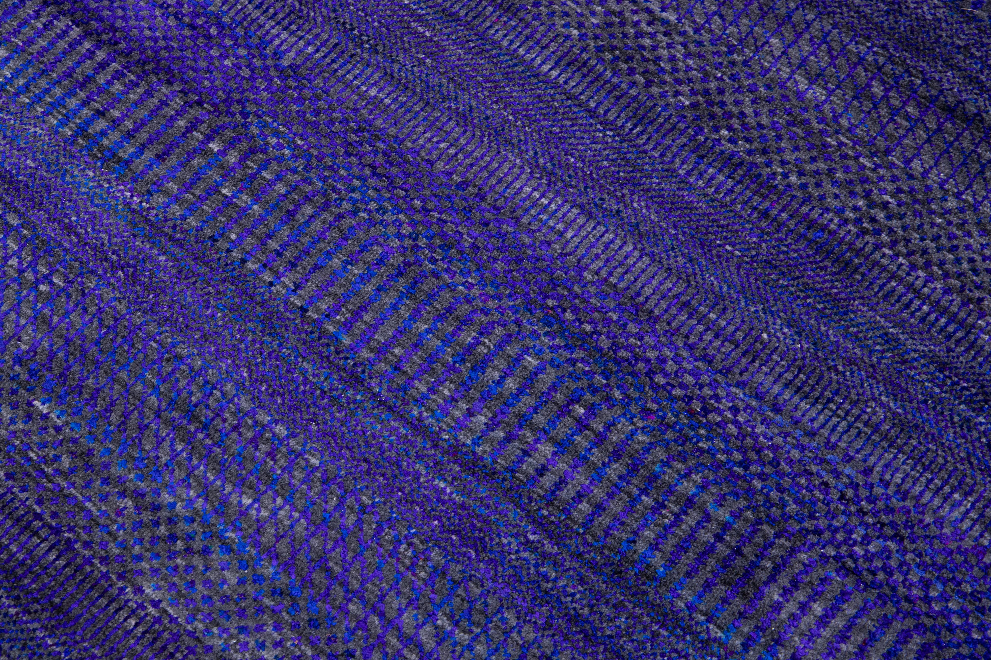 Blue Modern Savannah Handmade Oversize Wool Rug with Geometric Design For Sale 6