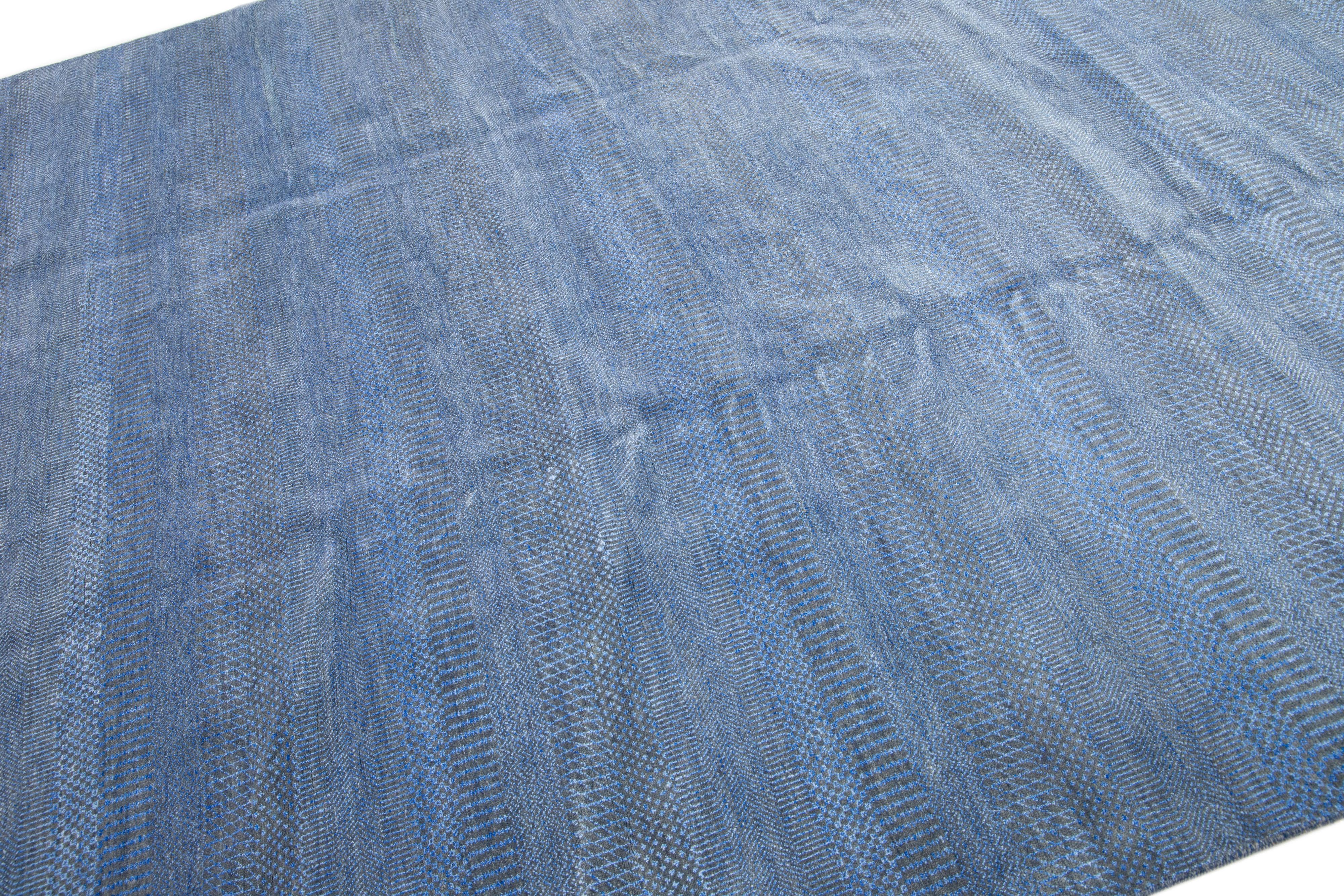 Indian Blue Modern Savannah Wool Rug with Geometric Design For Sale