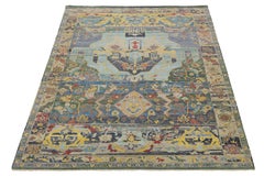 Blue Modern Serapi Style Hand-Knotted Wool Rug - Geometric Medallion Area Rug