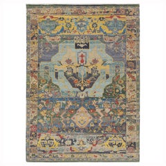 Blue Modern Serapi Style Hand-Knotted Wool Rug - Geometric Medallion Area Rug
