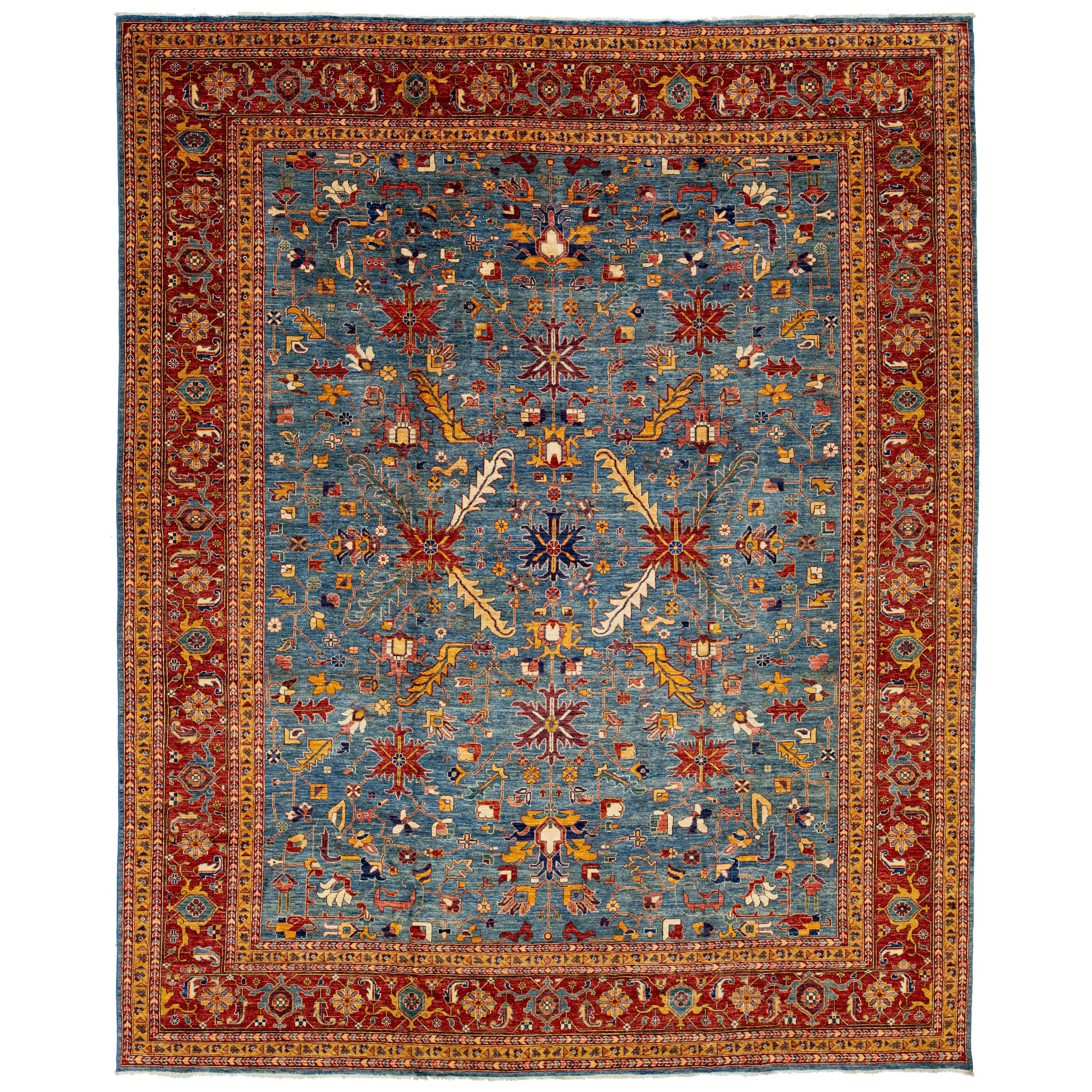 Blauer moderner Wollteppich im Serapi-Stil mit Blumenmotiv im Serapi-Stil