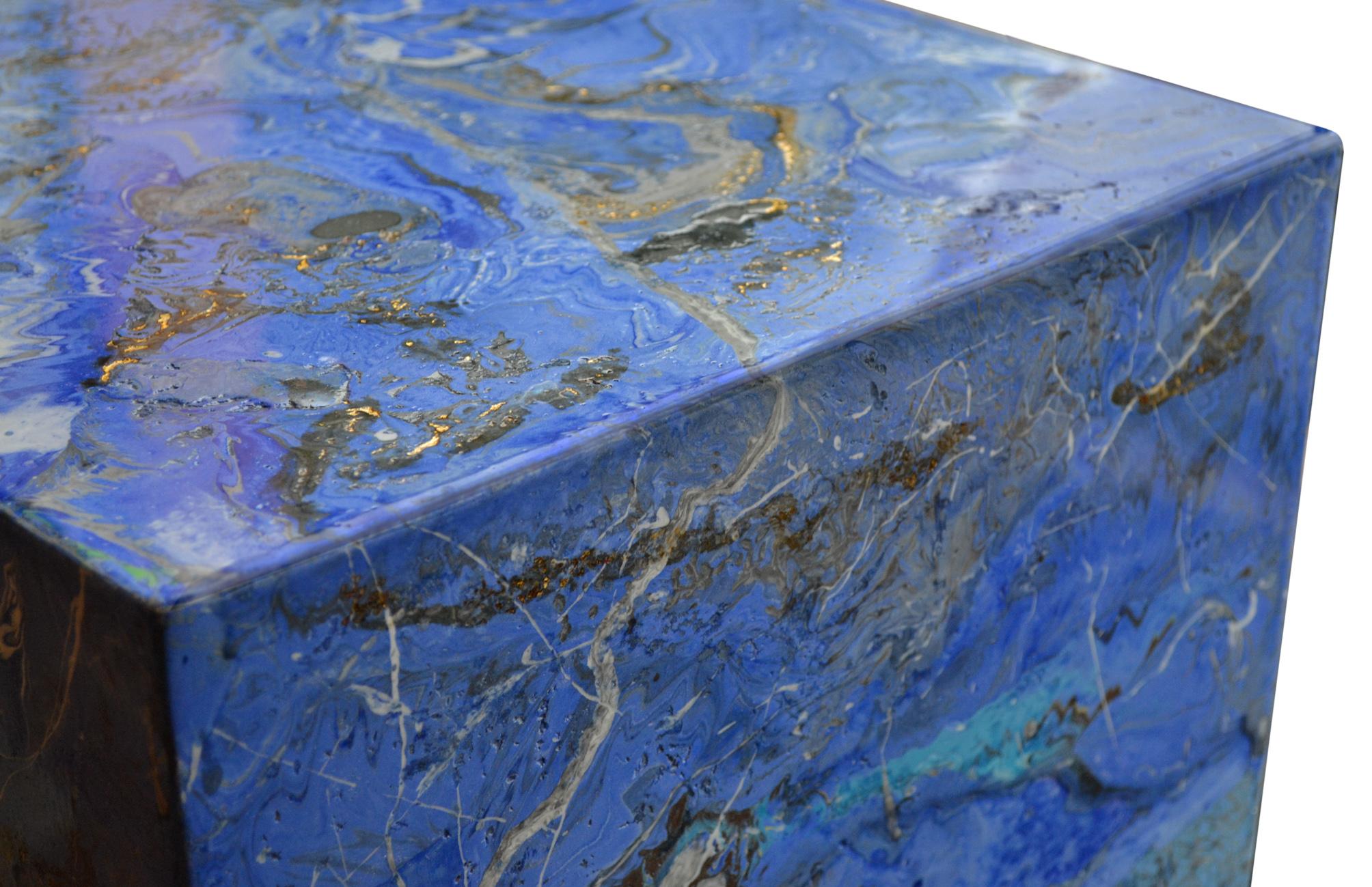 Contemporary Blue Modern Side Table Marbled Scagliola Monolith Handmade Surface Art Design