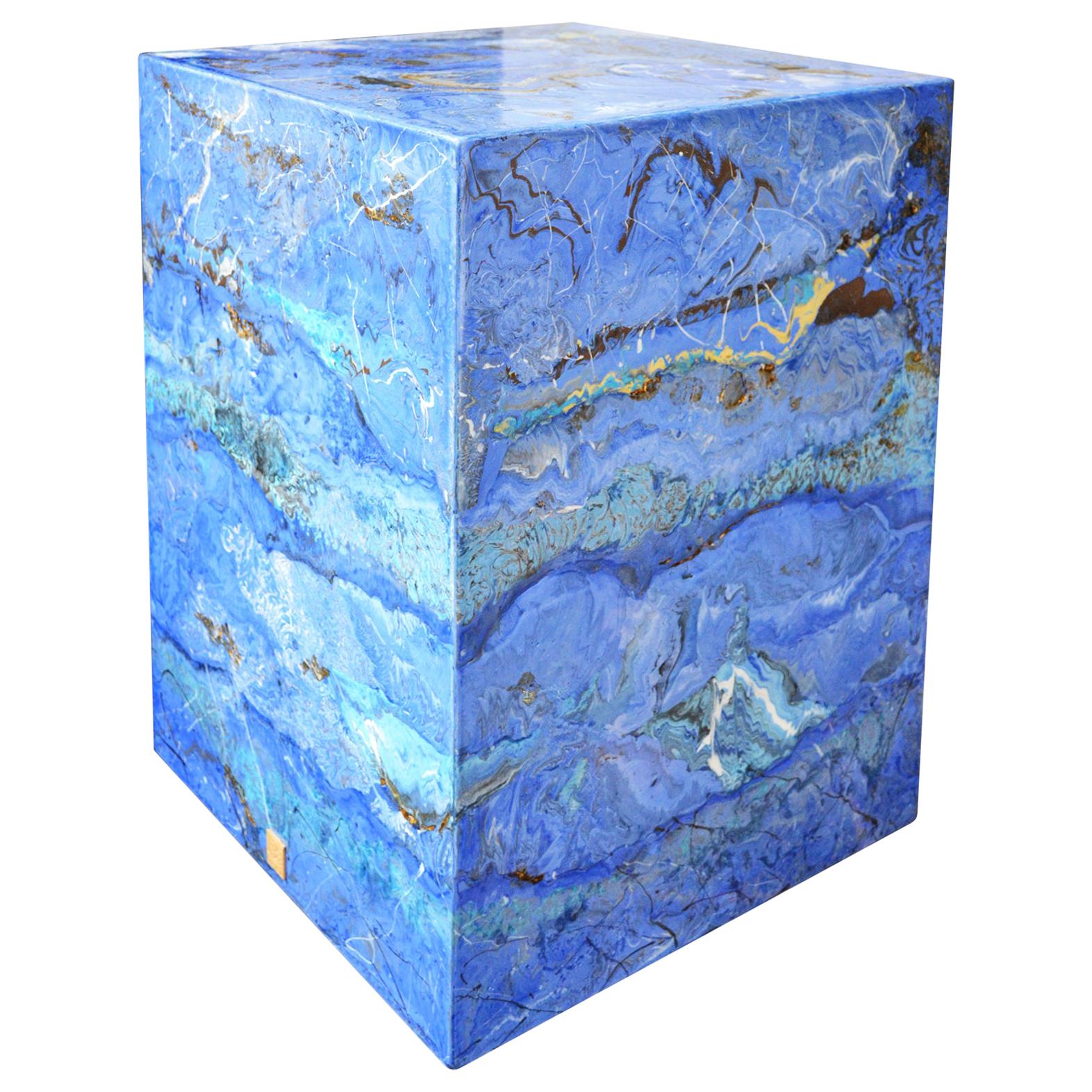 Blue Modern Side Table Marbled Scagliola Monolith Handmade Surface Art Design