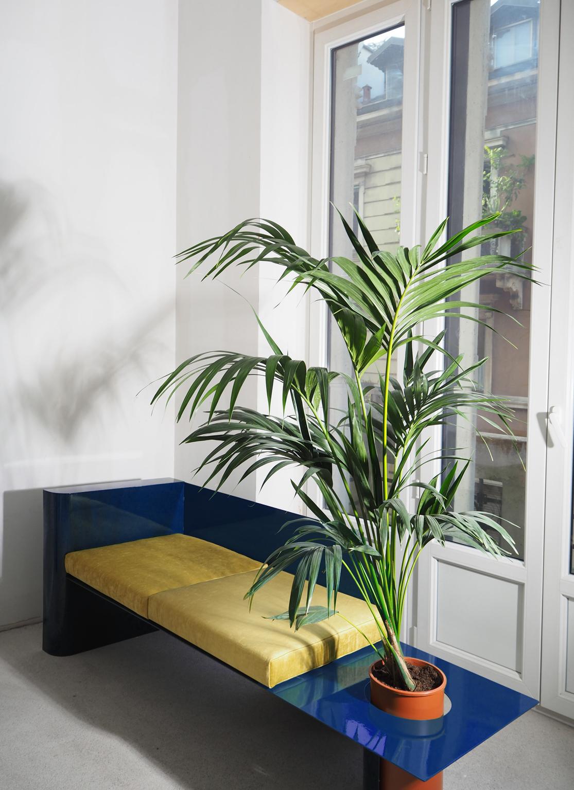 Velvet  Blue Modern Sofa in Powder-Coated Steel with Planter Side Table For Sale