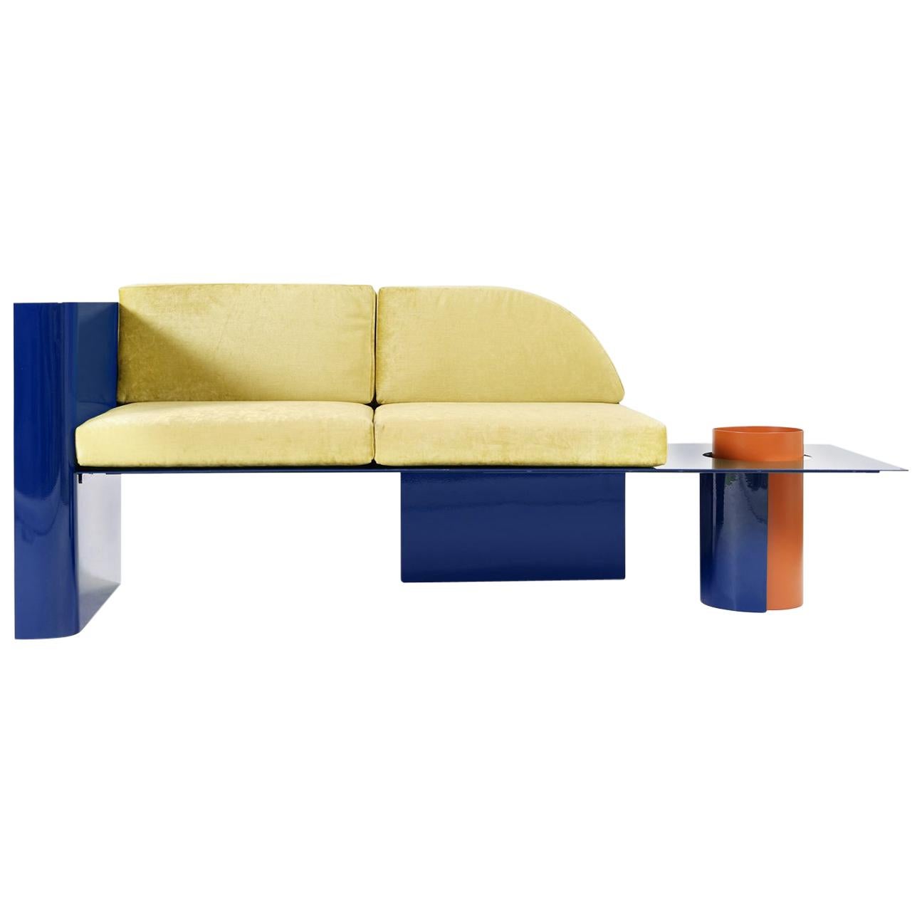  Blue Modern Sofa in Powder-Coated Steel with Planter Side Table For Sale