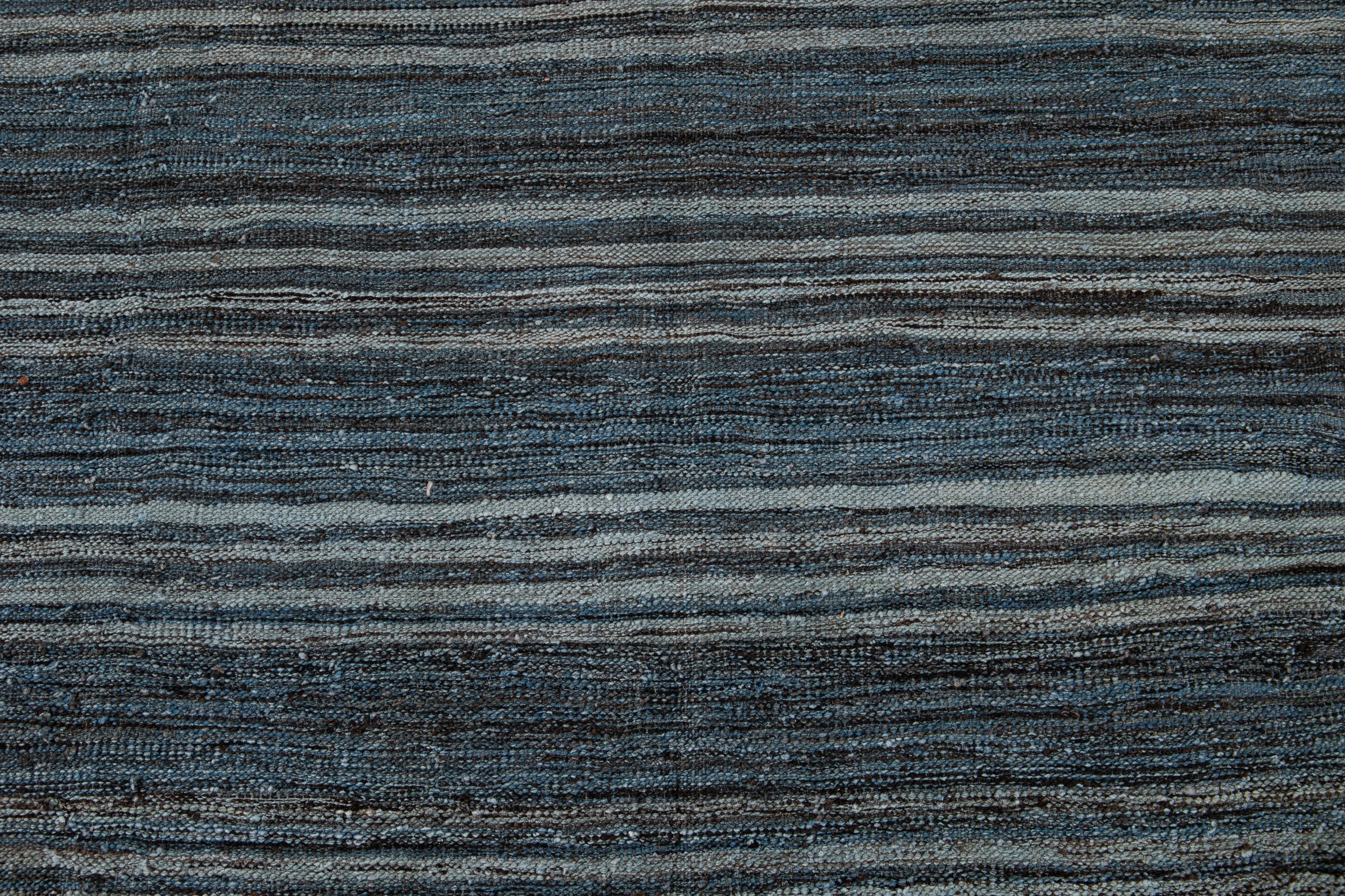 Blue Modern Sriped Flat-Weave Handmade Wool Rug For Sale 3