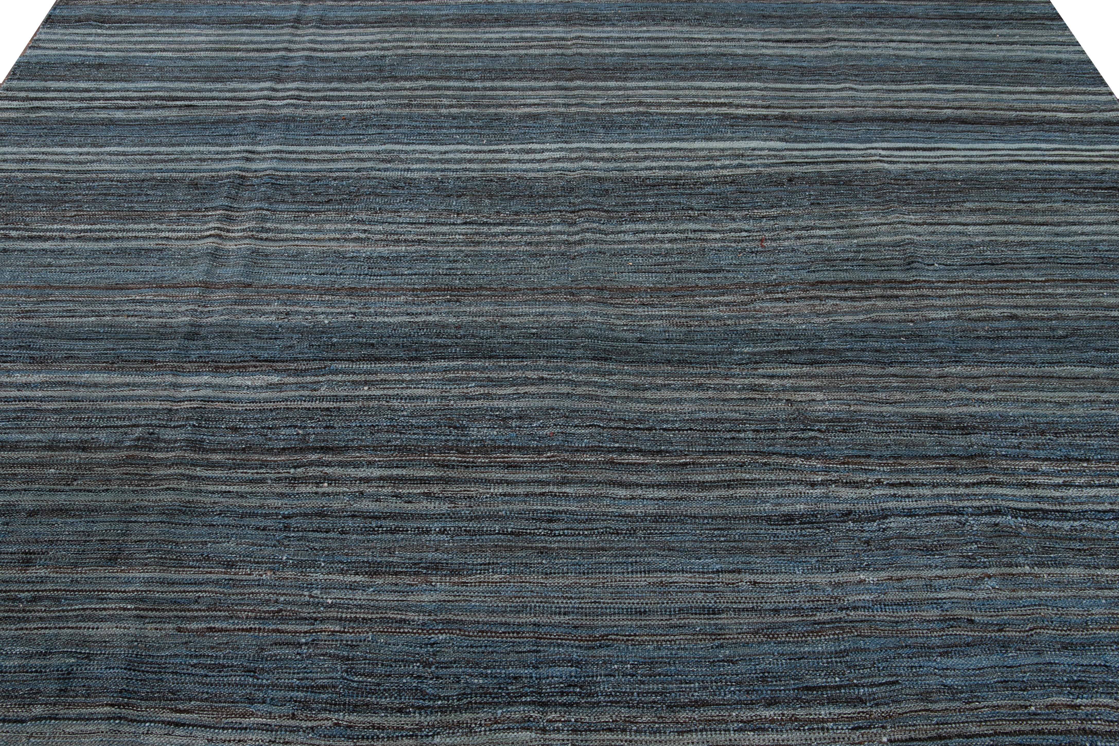 Kilim Blue Modern Sriped Flat-Weave Handmade Wool Rug For Sale