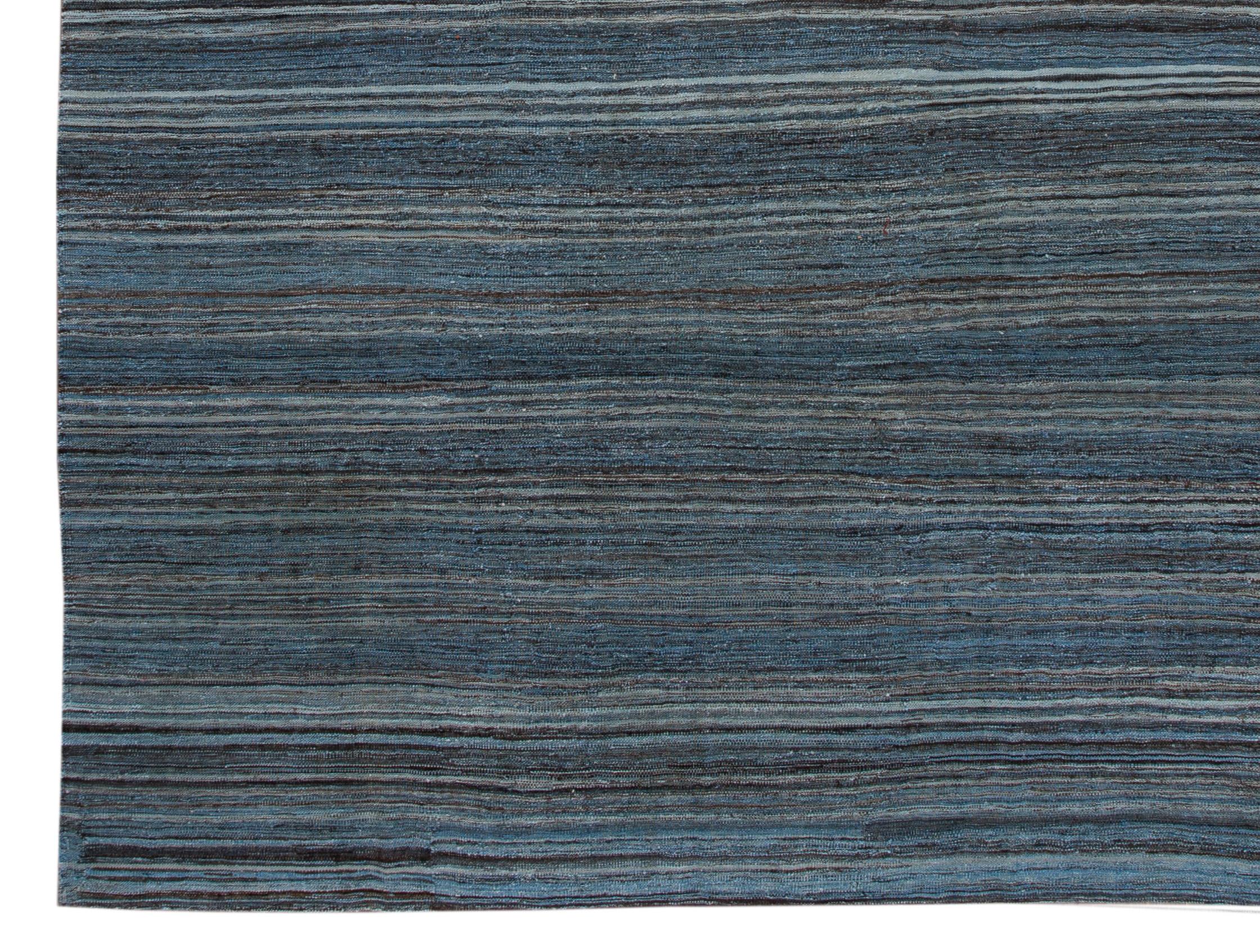 Turkish Blue Modern Sriped Flat-Weave Handmade Wool Rug For Sale