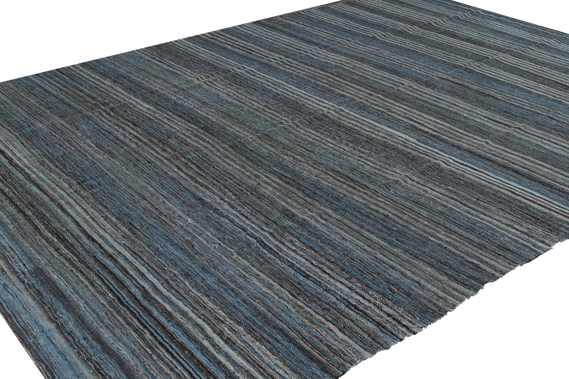 Blue Modern Sriped Flat-Weave Handmade Wool Rug In New Condition For Sale In Norwalk, CT