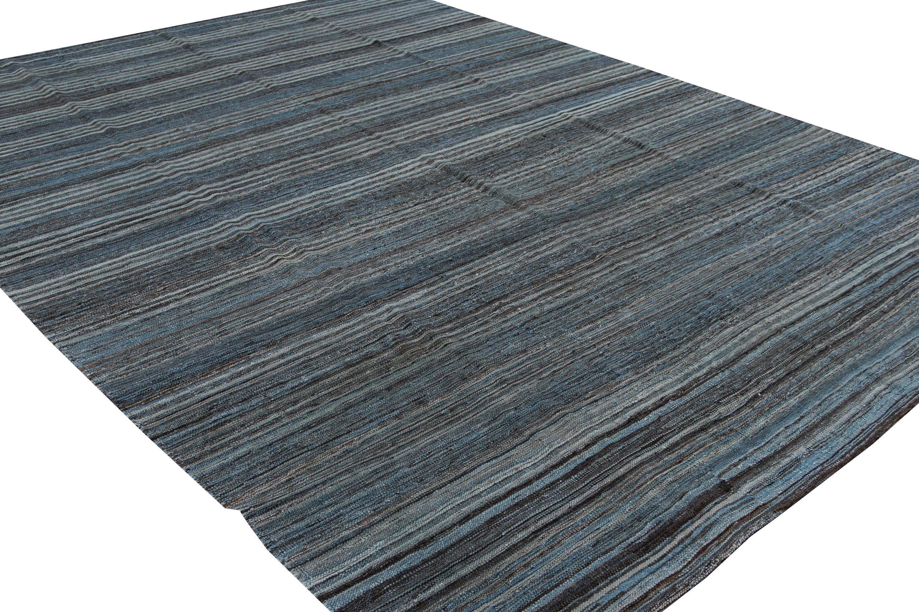 Blue Modern Sriped Flat-Weave Handmade Wool Rug For Sale 2
