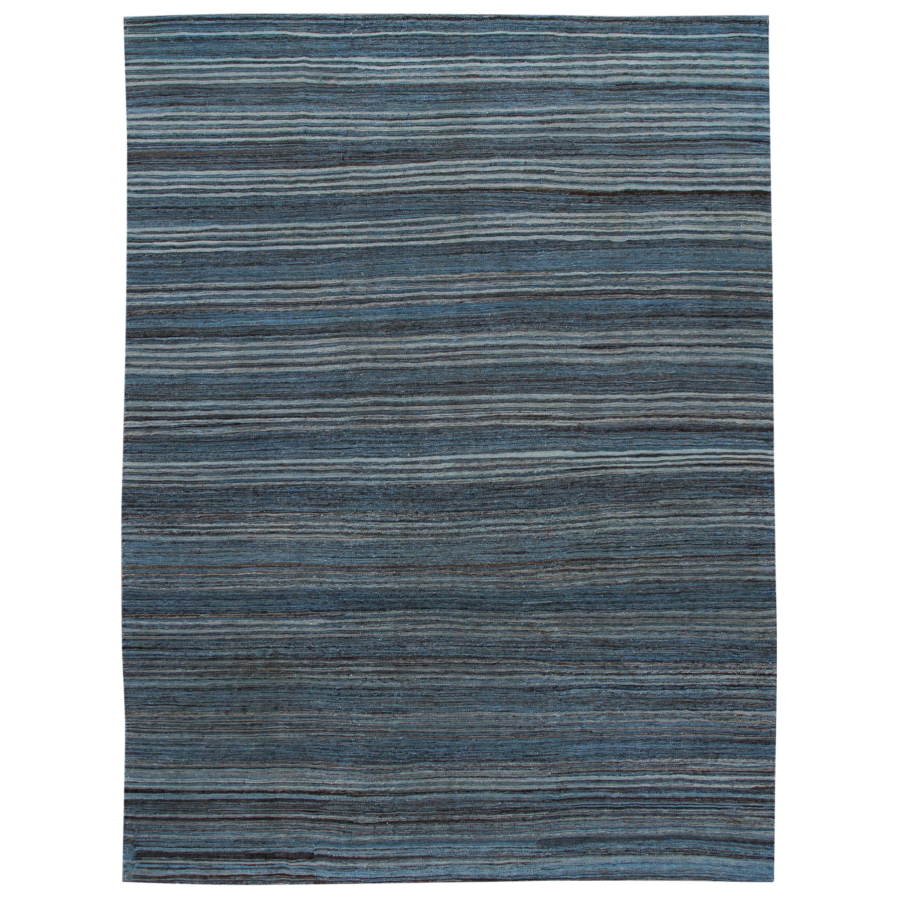 Blue Modern Sriped Flat-Weave Handmade Wool Rug For Sale