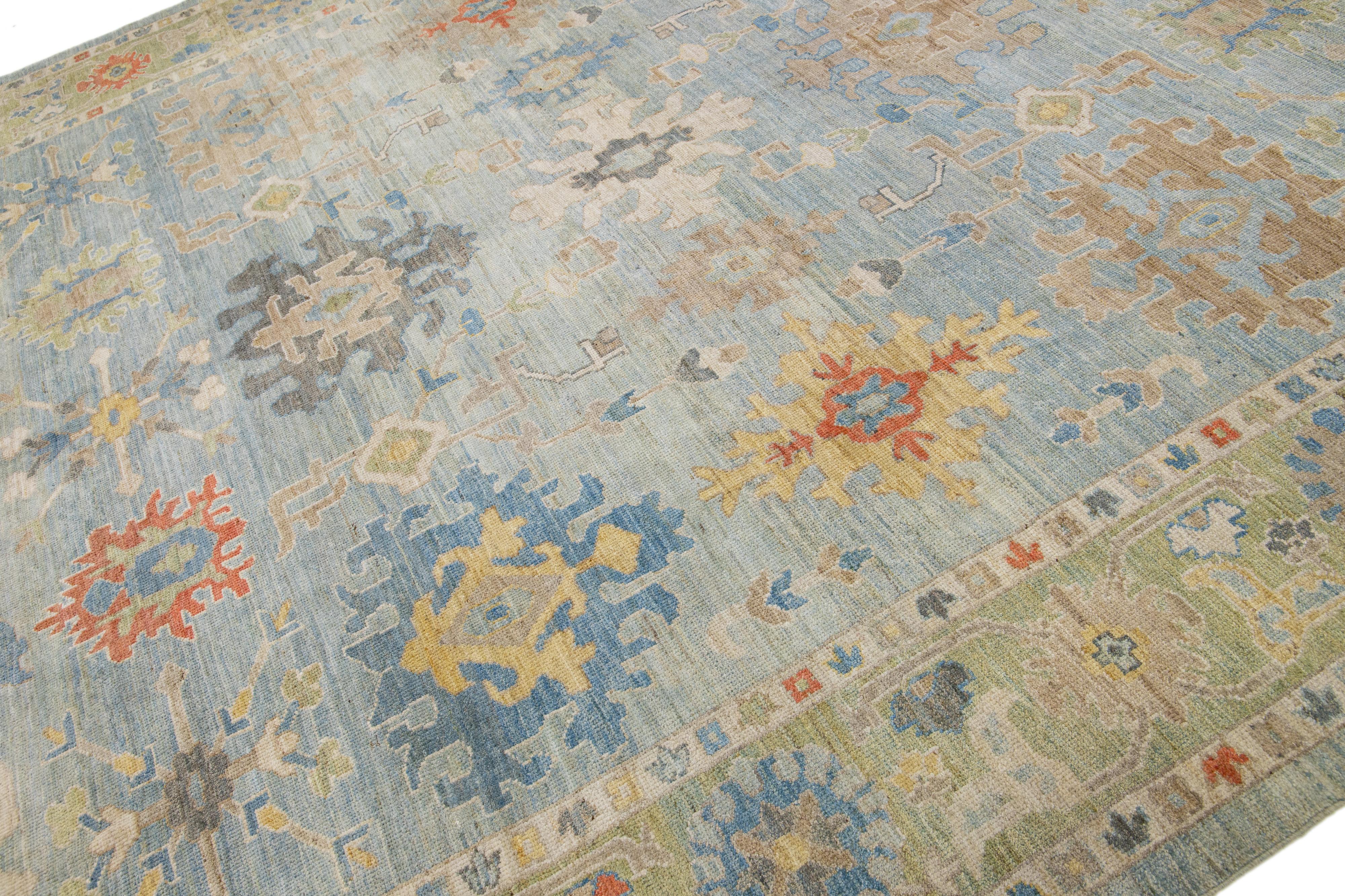 Pakistani Blue Modern Sultanabad Floral Wool Rug For Sale
