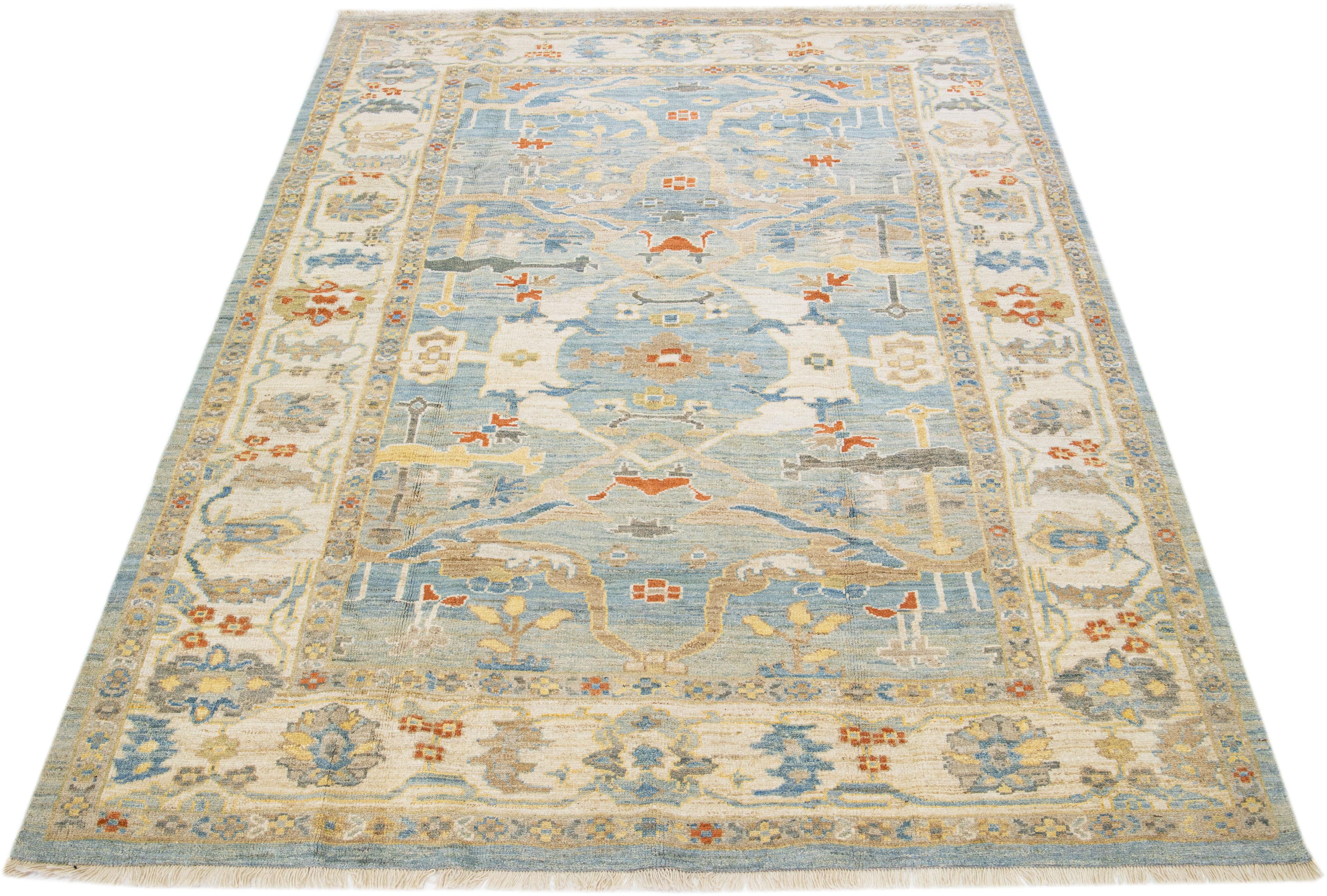 Persian Blue Modern Sultanabad Handmade Floral Design Wool Rug For Sale