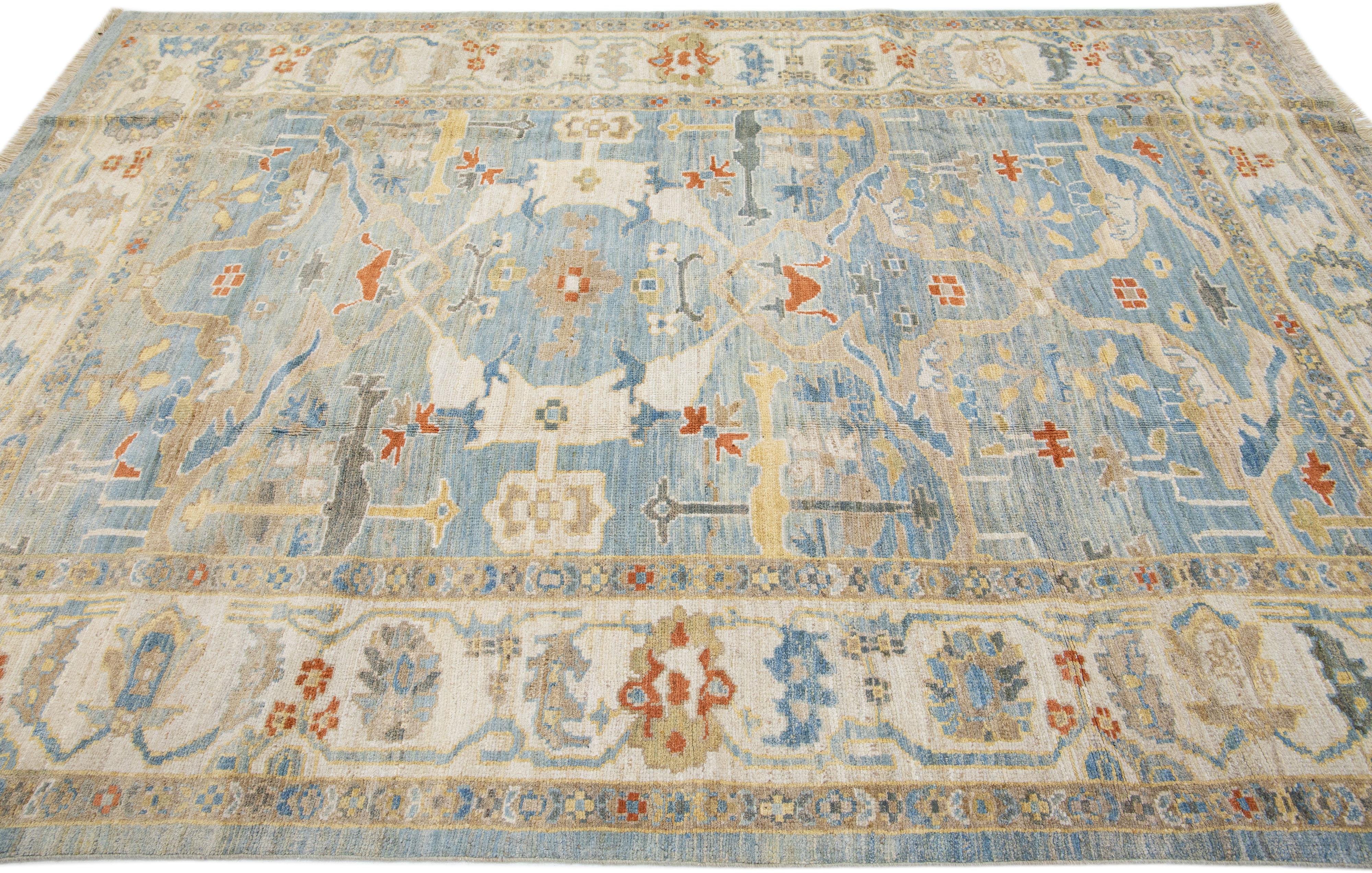Hand-Knotted Blue Modern Sultanabad Handmade Floral Design Wool Rug For Sale