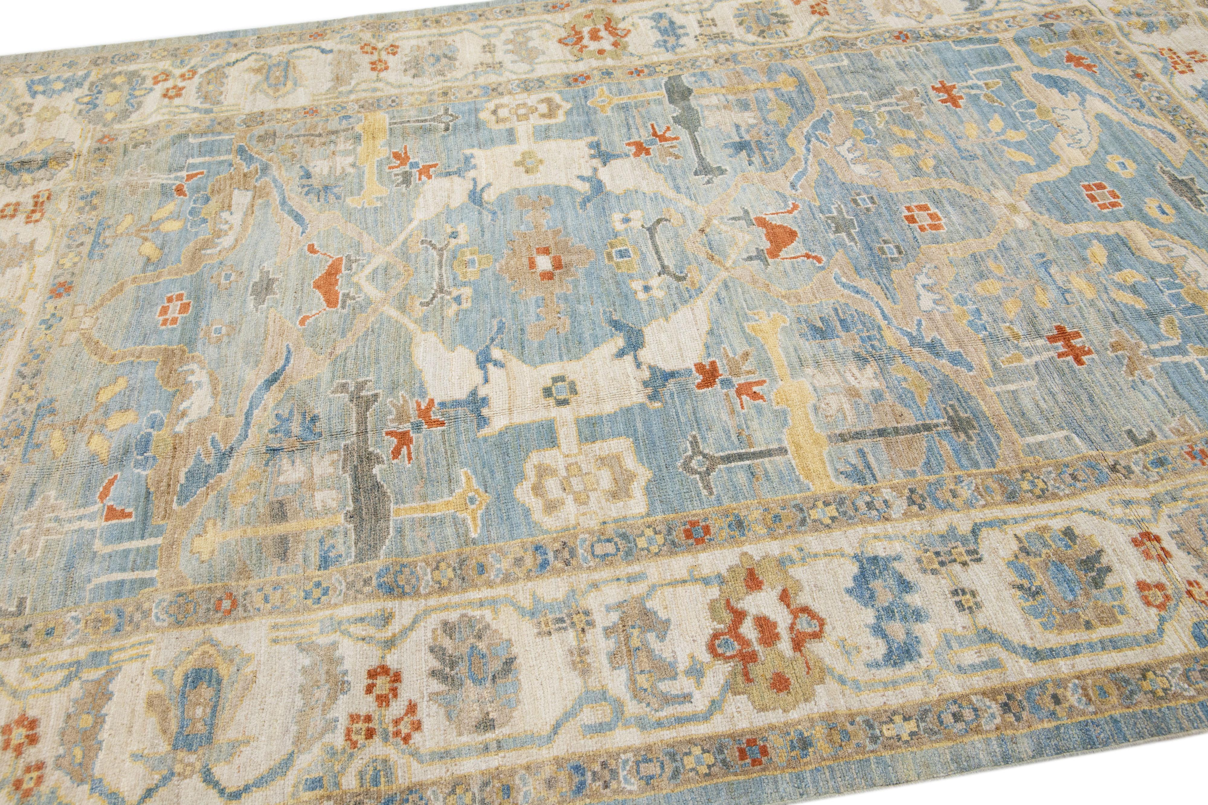 Blue Modern Sultanabad Handmade Floral Design Wool Rug In New Condition For Sale In Norwalk, CT