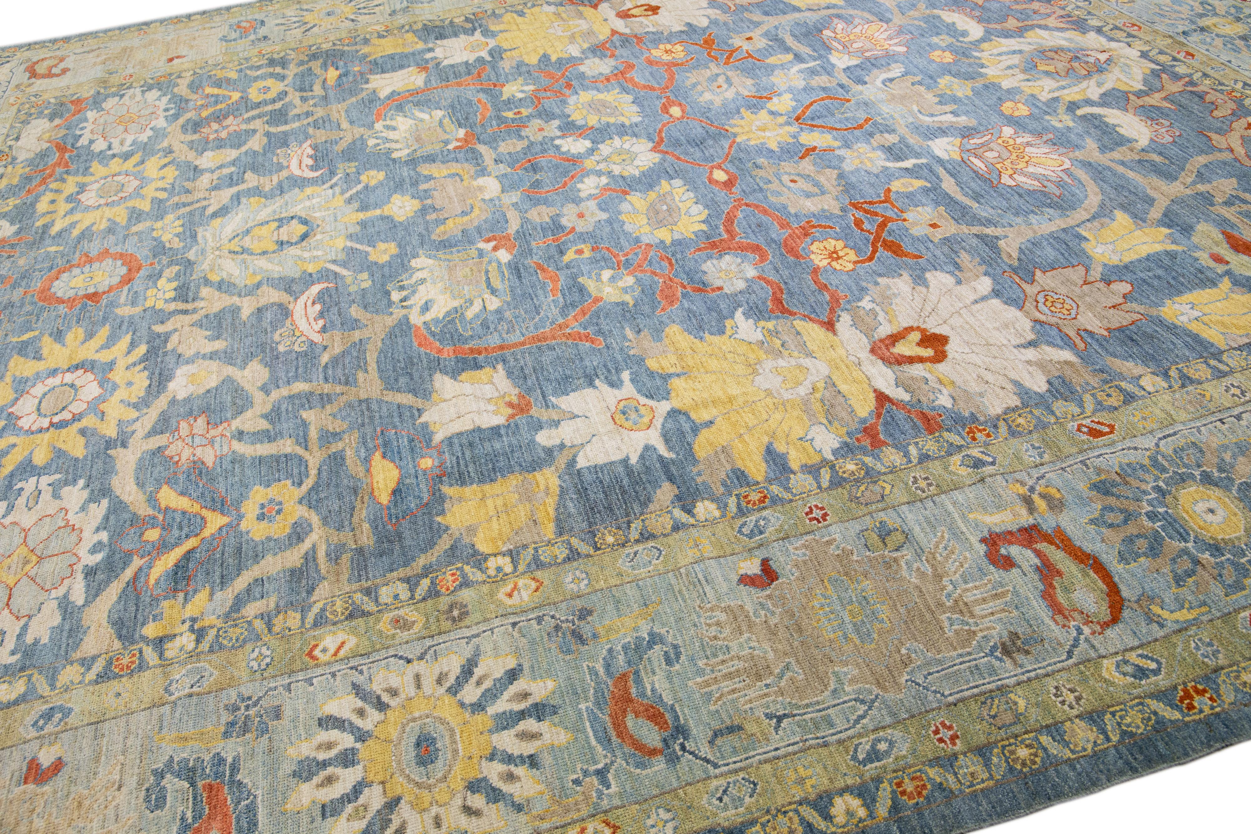 Contemporary Blue Modern Sultanabad Handmade Floral Design Wool Rug For Sale