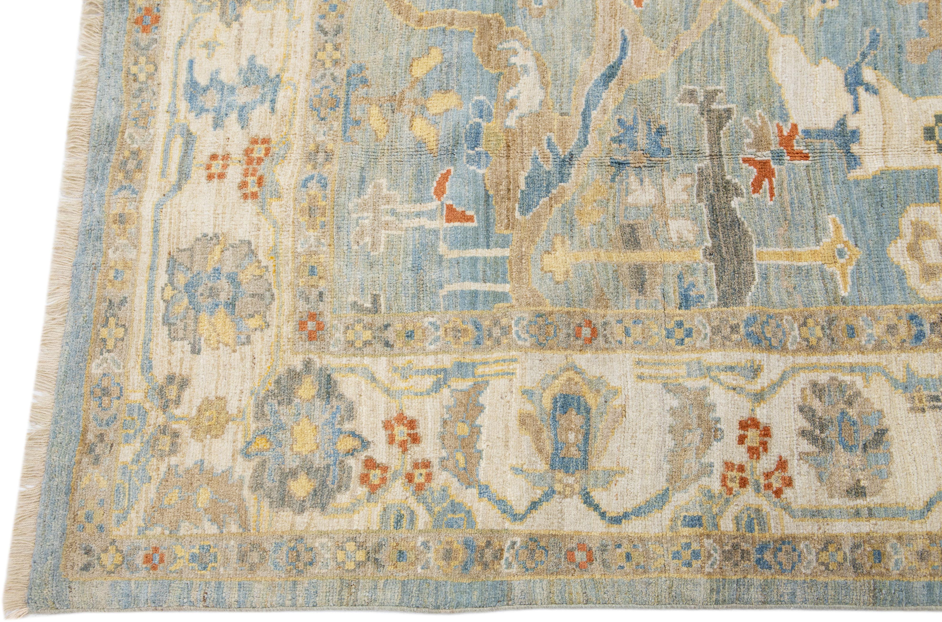 Contemporary Blue Modern Sultanabad Handmade Floral Design Wool Rug For Sale