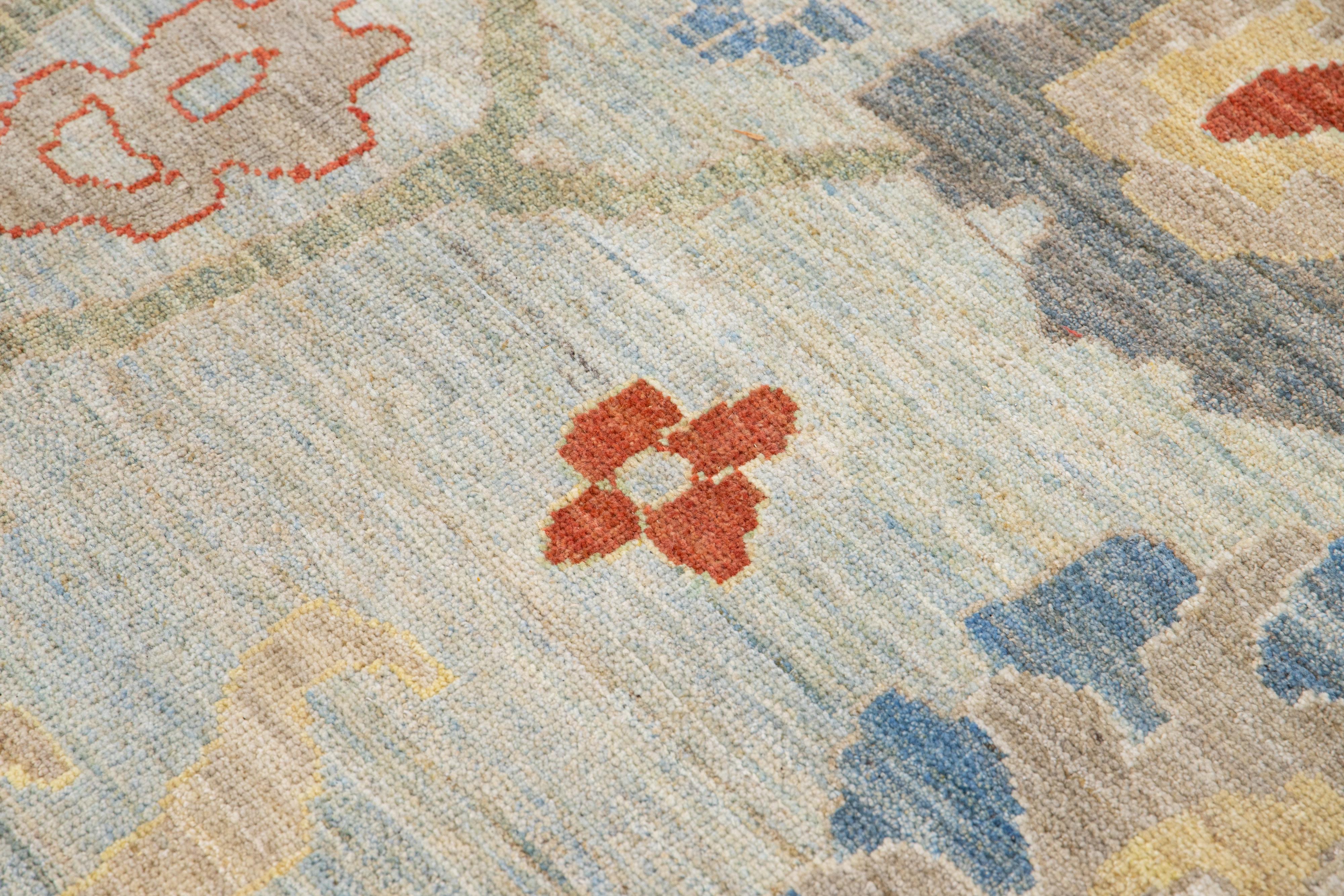 Blauer moderner Sultanabad handgefertigter Wollteppich mit Blumenmotiv im Angebot 3