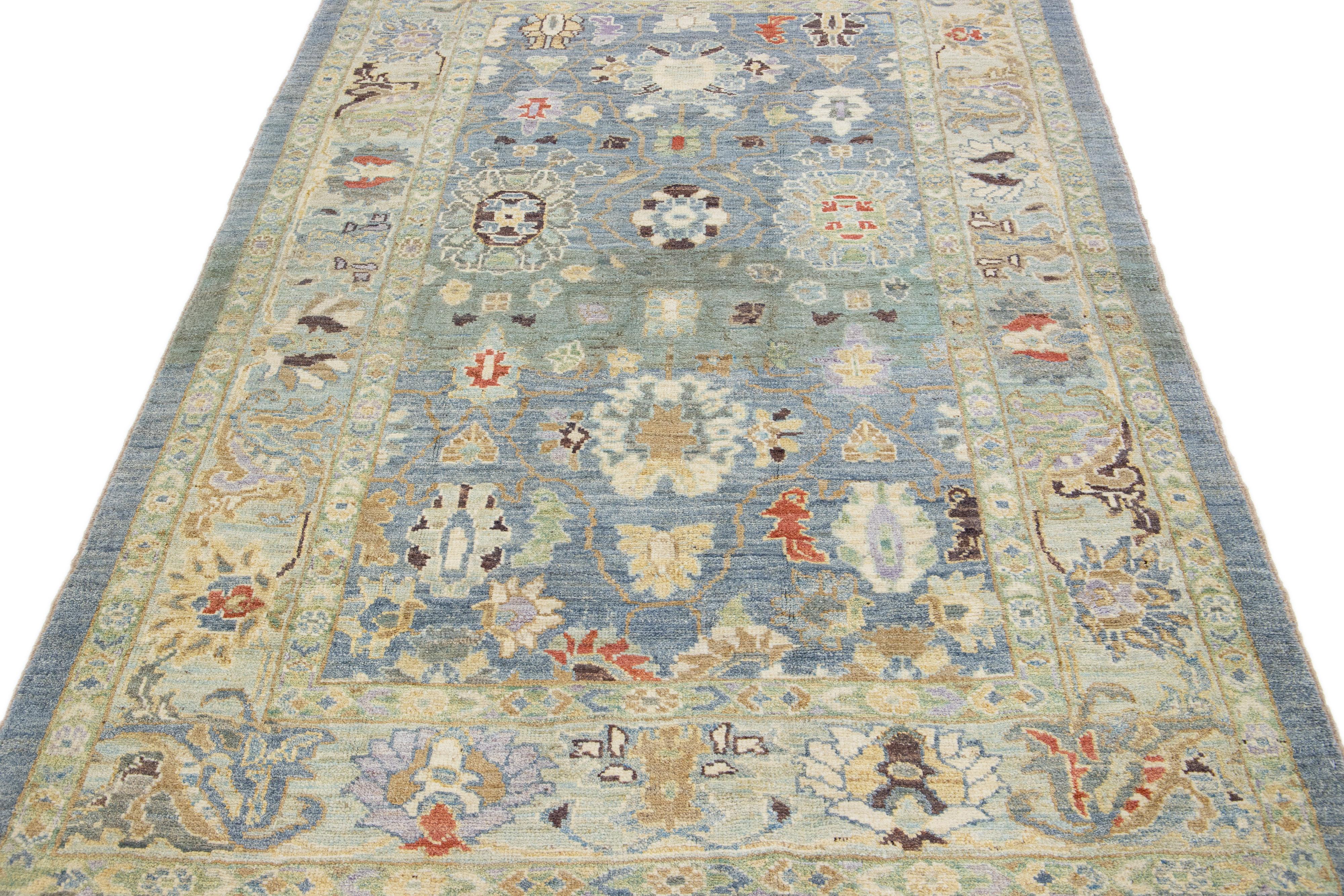Persian Blue Modern Sultanabad Handmade Floral Pattern Wool Rug For Sale