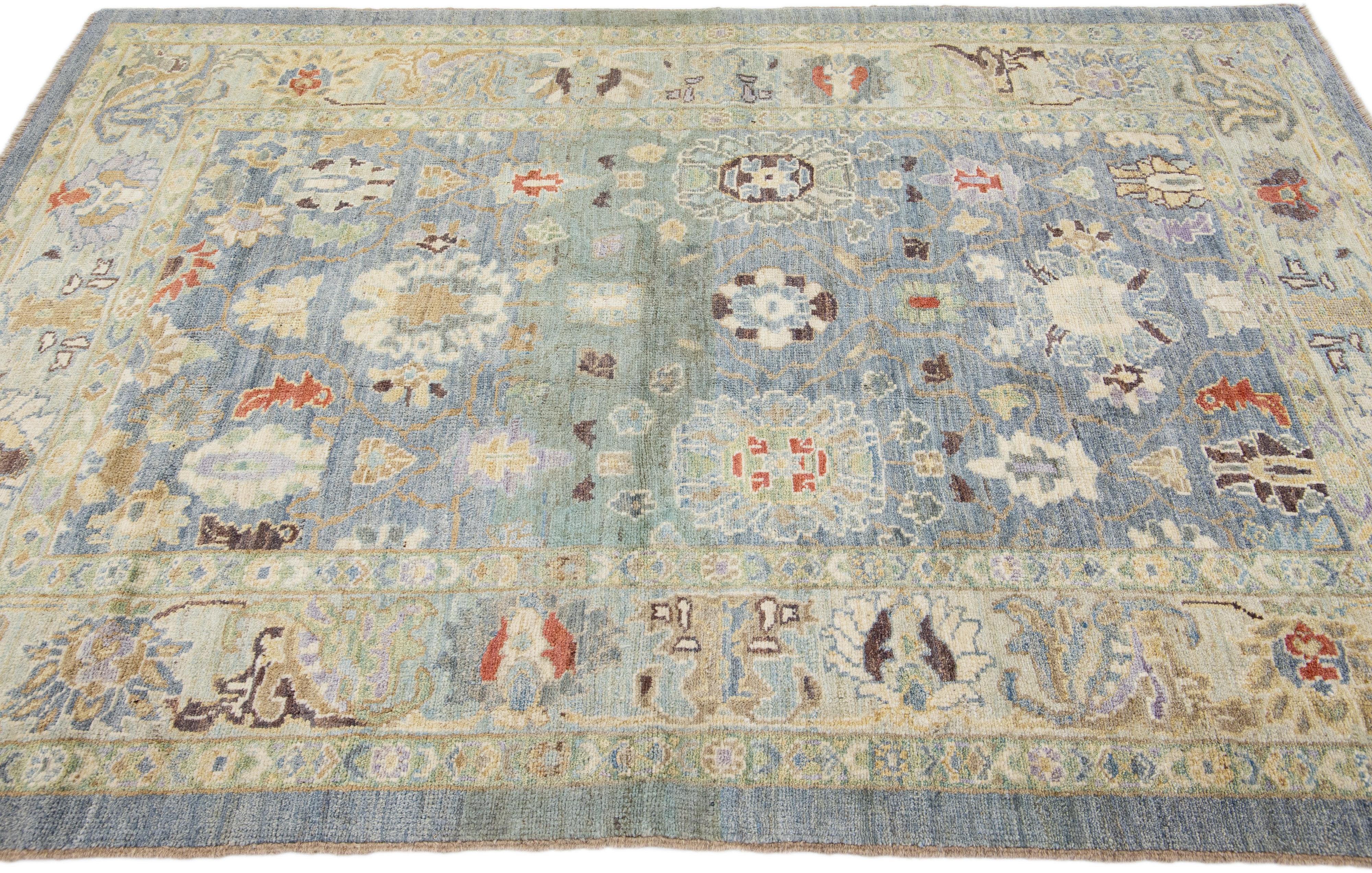 Hand-Knotted Blue Modern Sultanabad Handmade Floral Pattern Wool Rug For Sale