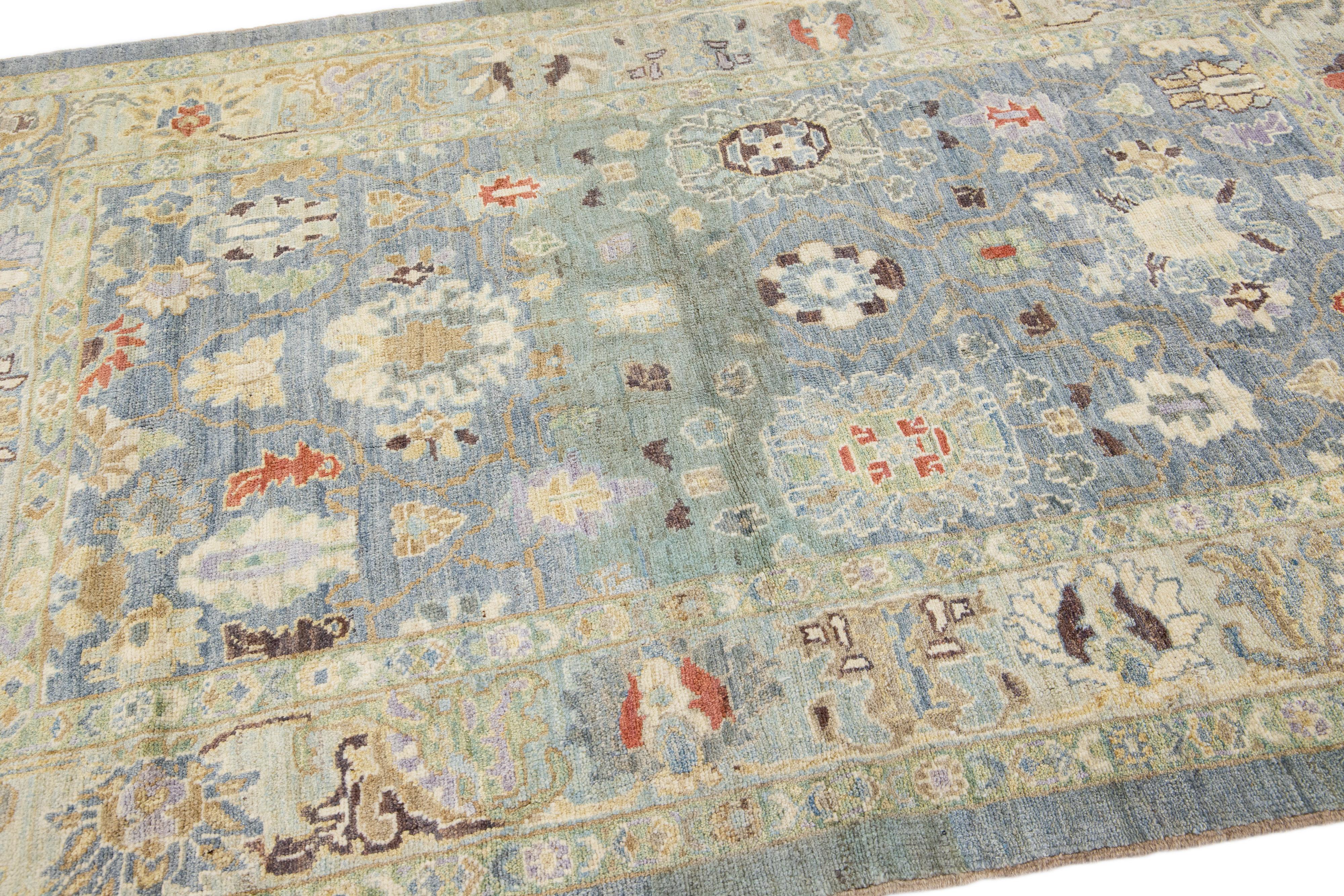 Contemporary Blue Modern Sultanabad Handmade Floral Pattern Wool Rug For Sale