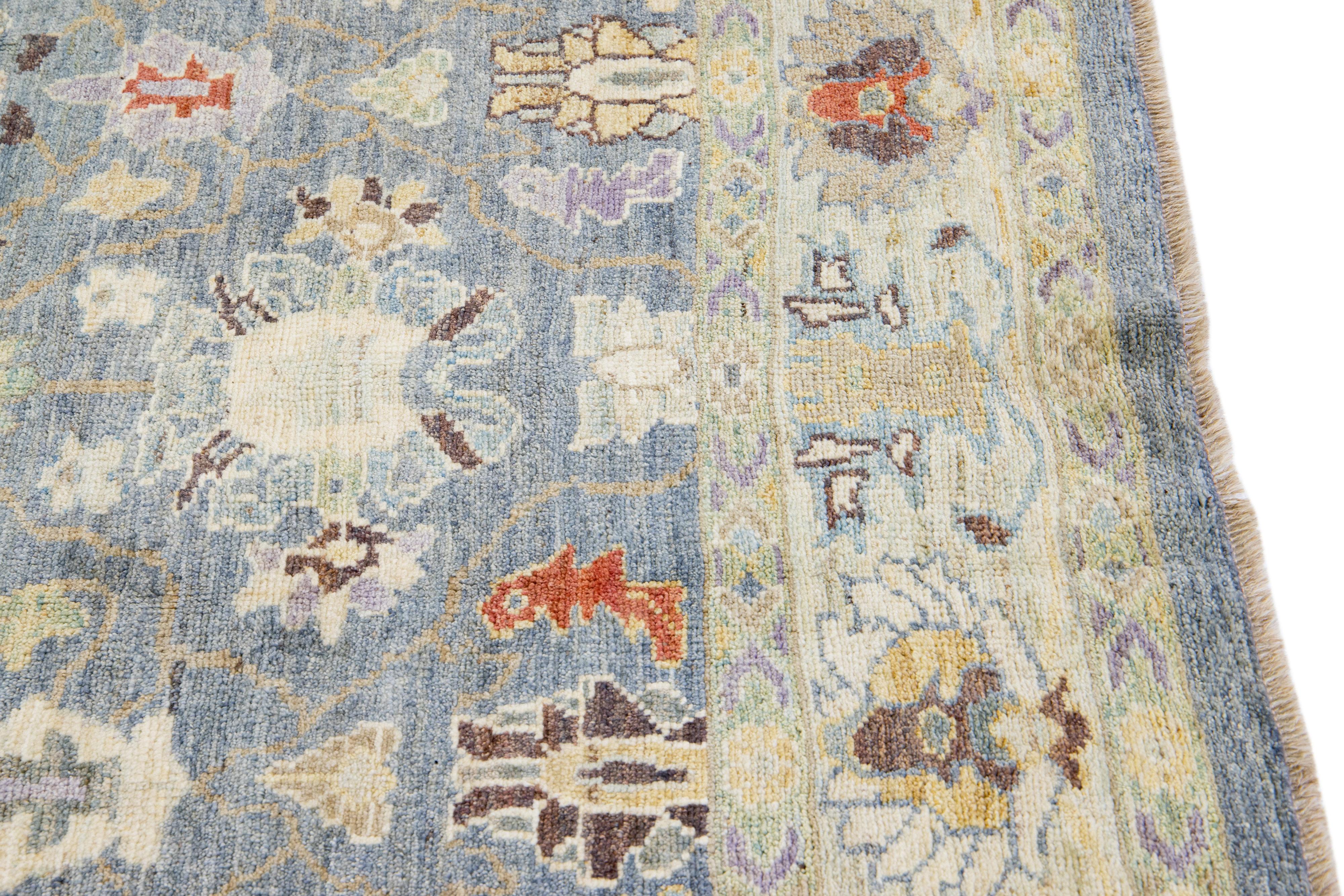 Blue Modern Sultanabad Handmade Floral Pattern Wool Rug For Sale 2