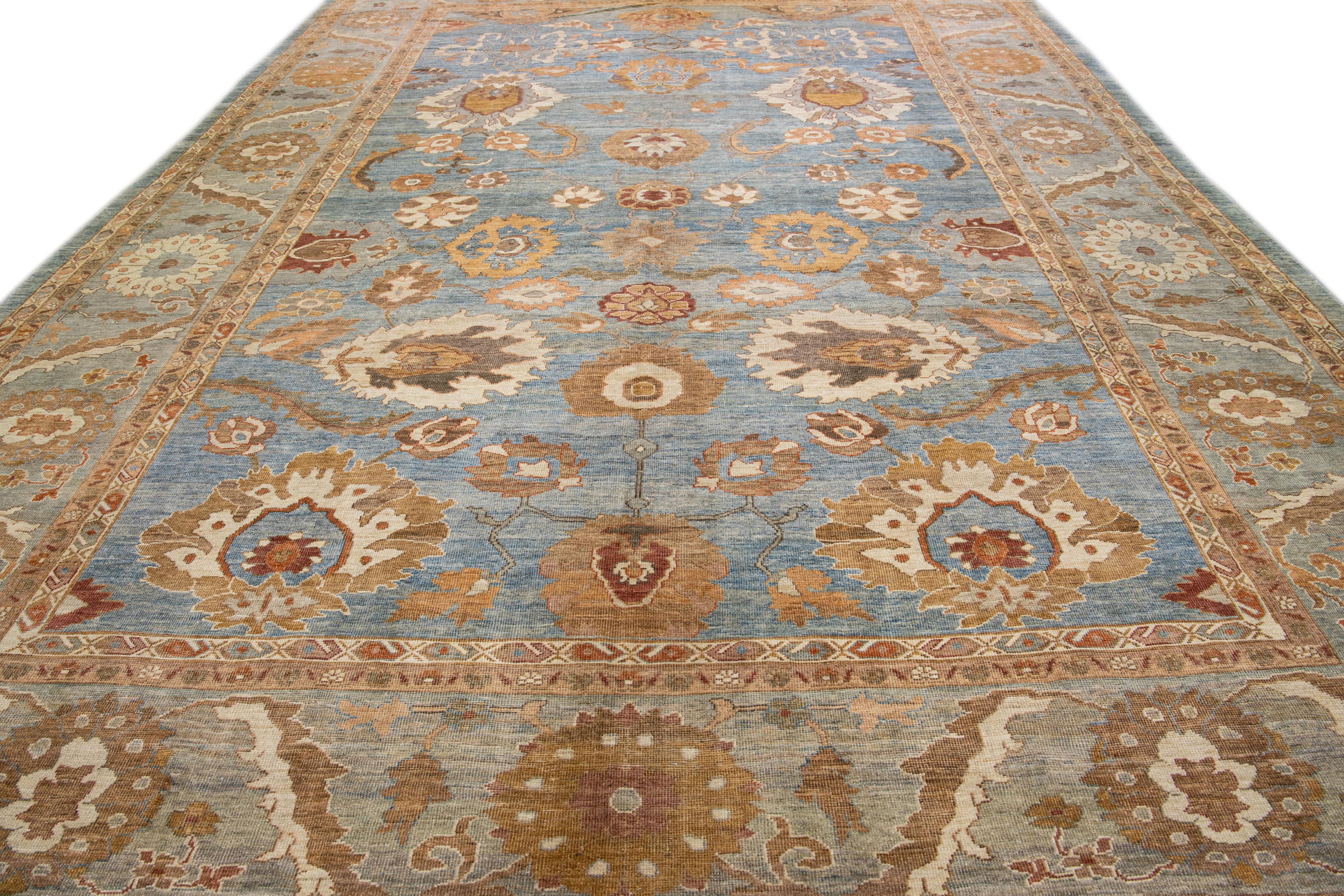 Persian Blue Modern Sultanabad Handmade Oversize Floral Wool Rug For Sale