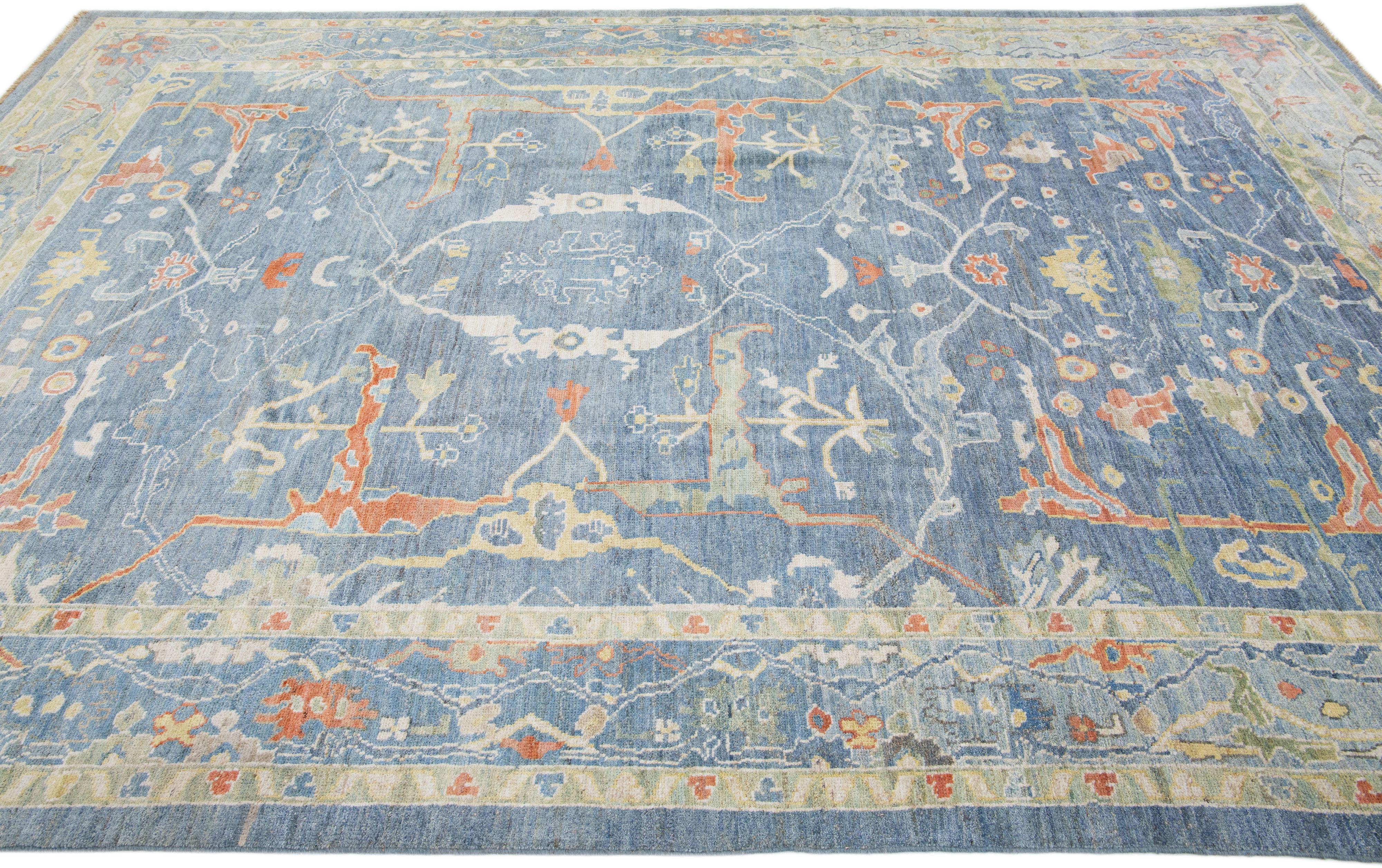 Hand-Knotted Blue Modern Sultanabad Handmade Wool Rug with Allover Motif For Sale