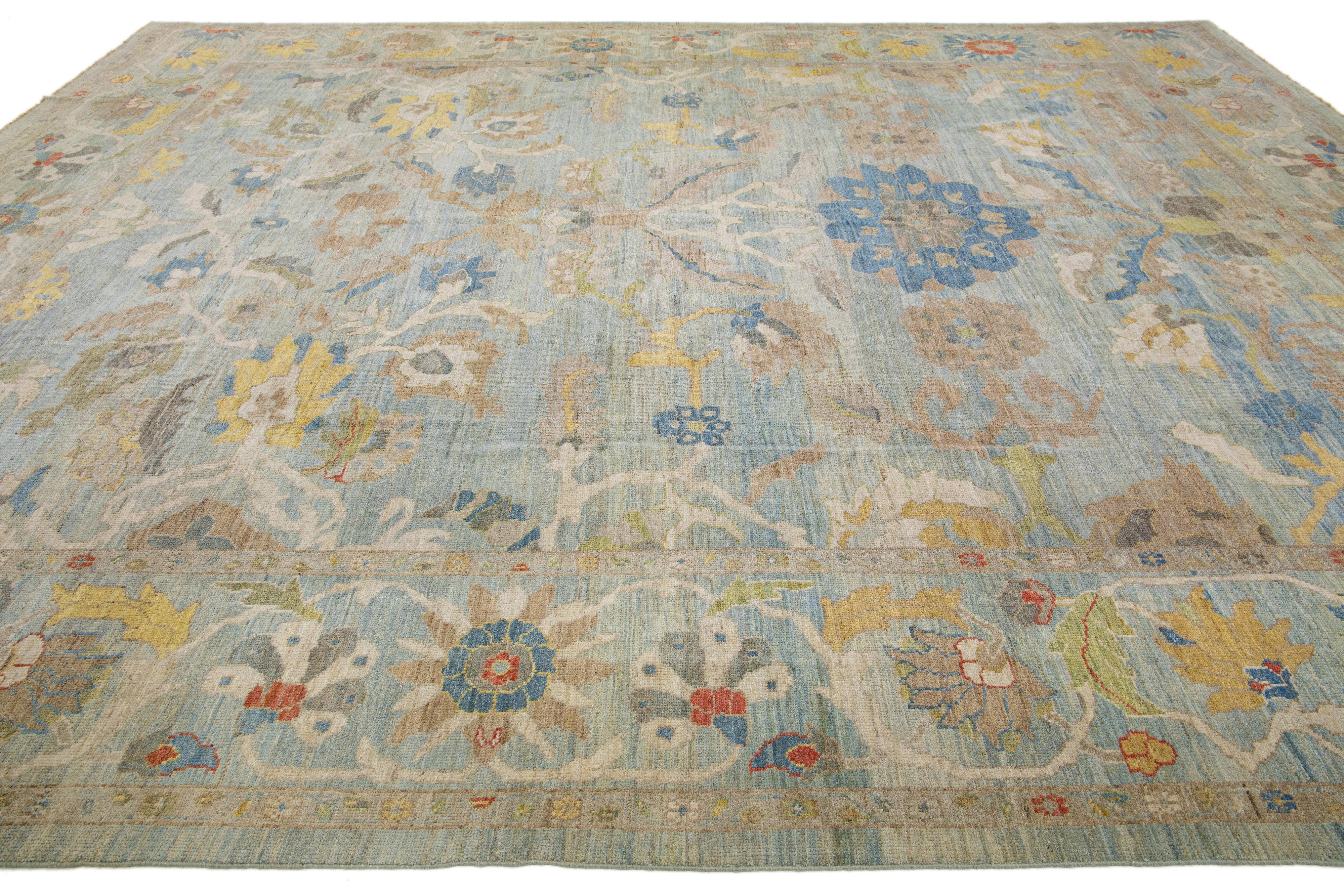 Blauer moderner Sultanabad Oversize-Wollteppich in Übergröße mit Blumenmuster (Handgeknüpft) im Angebot
