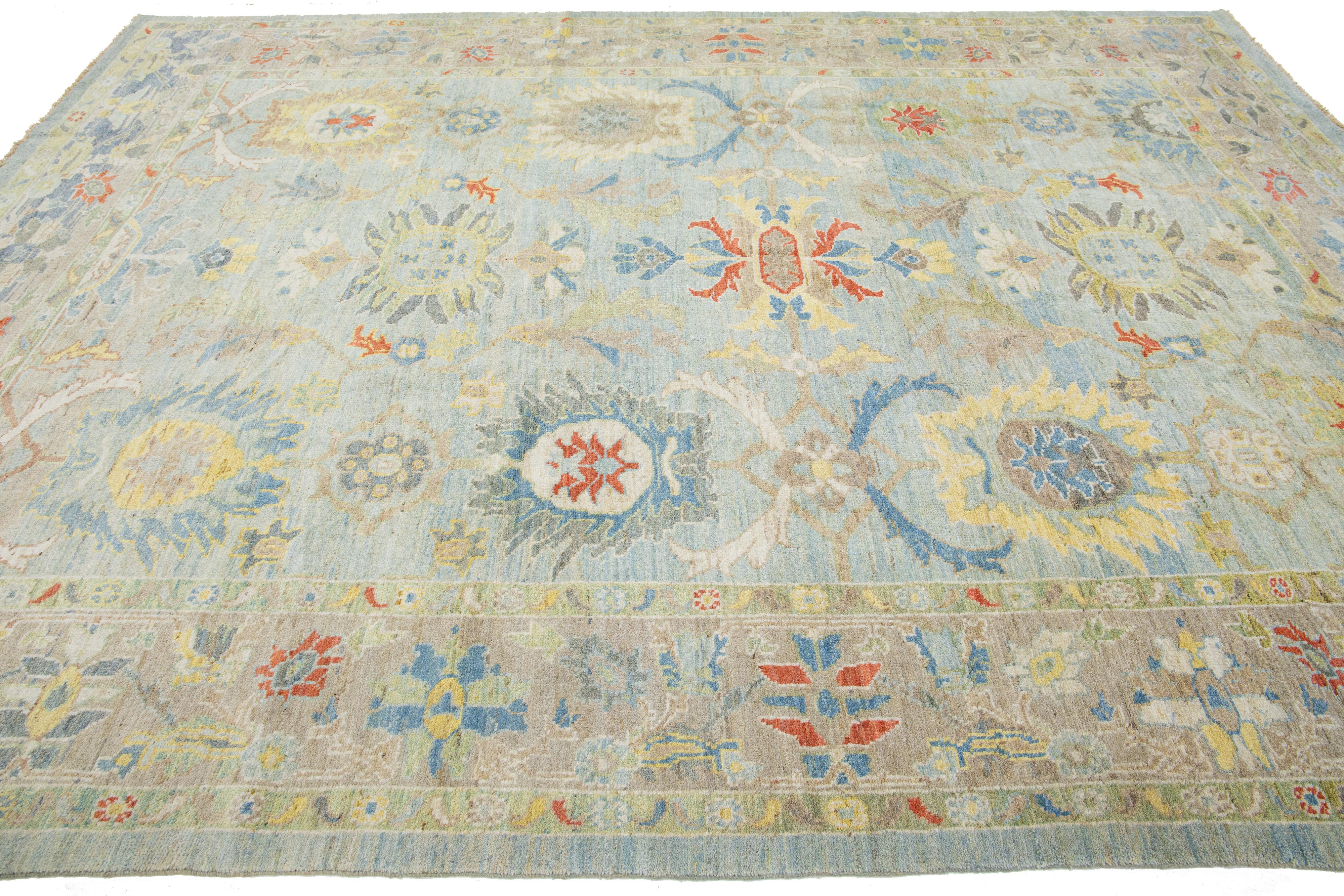 Hand-Knotted Blue Modern Sultanabad Wool Rug Handmade Floral Design For Sale
