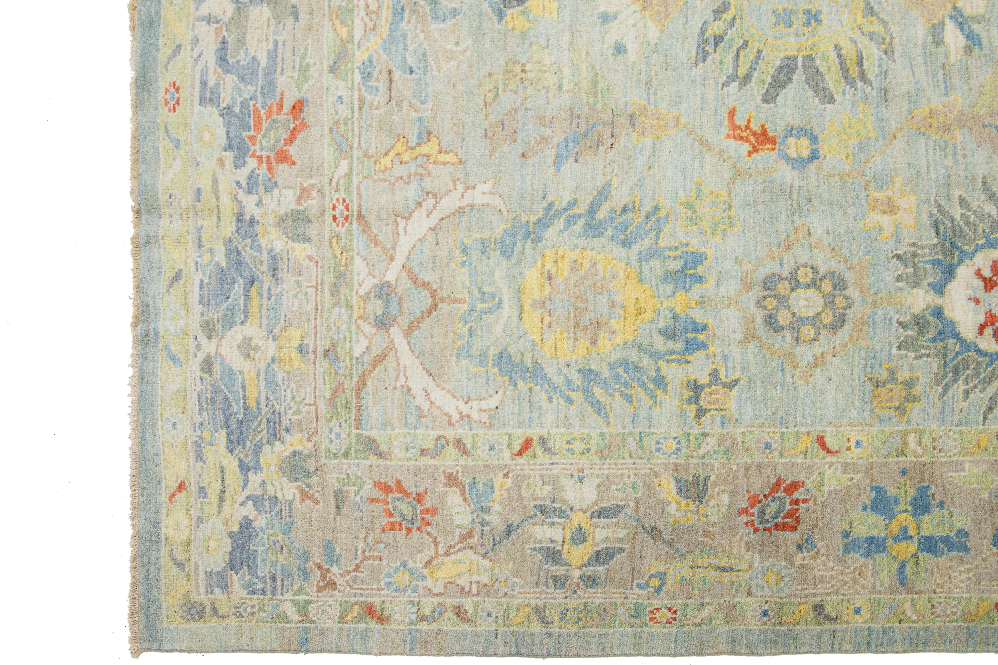 Blue Modern Sultanabad Wool Rug Handmade Floral Design In New Condition For Sale In Norwalk, CT