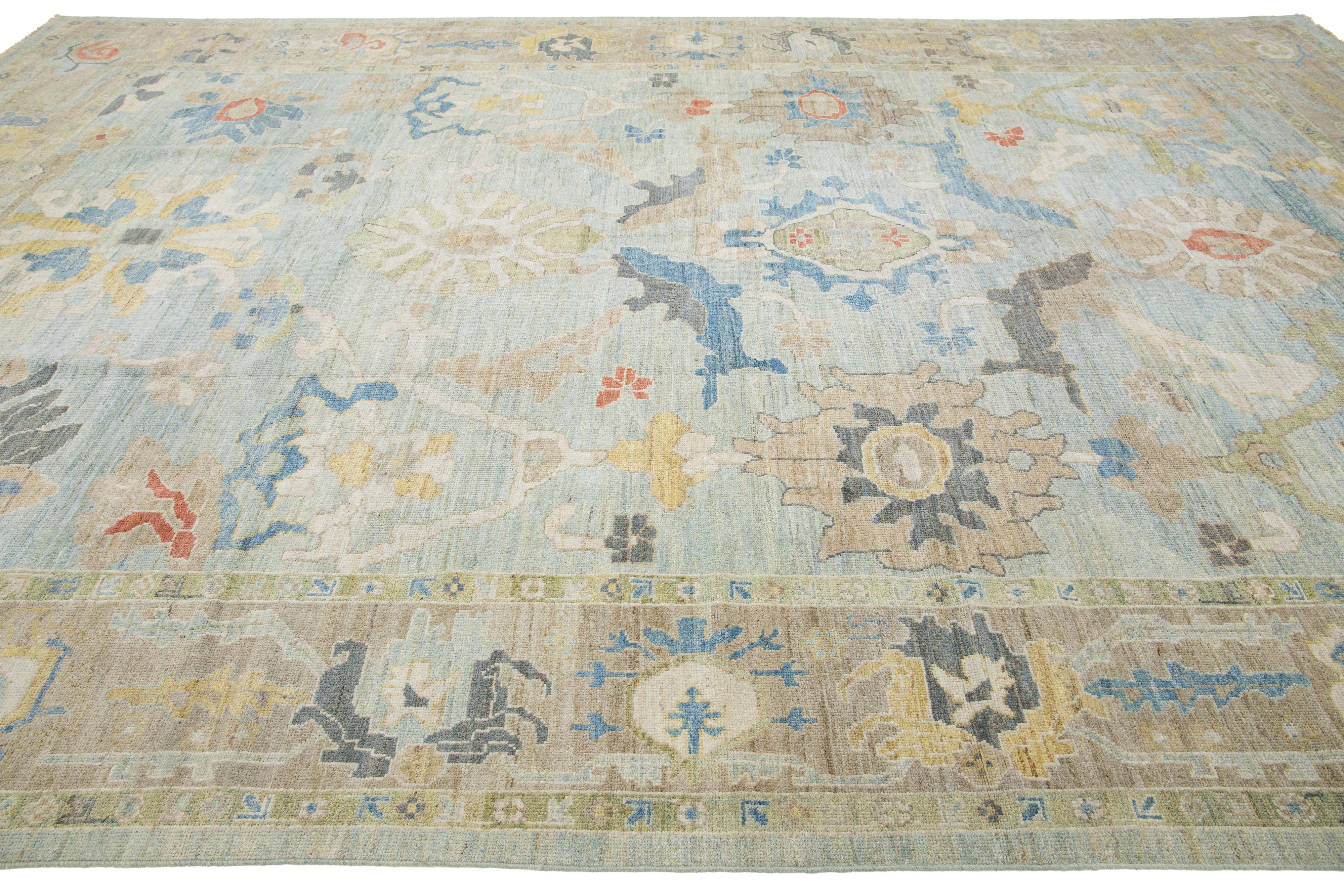 Apadana's Blauer moderner Sultanabad-Wollteppich aus Sultanabad, handgefertigt mit Allover-Design (Wolle) im Angebot