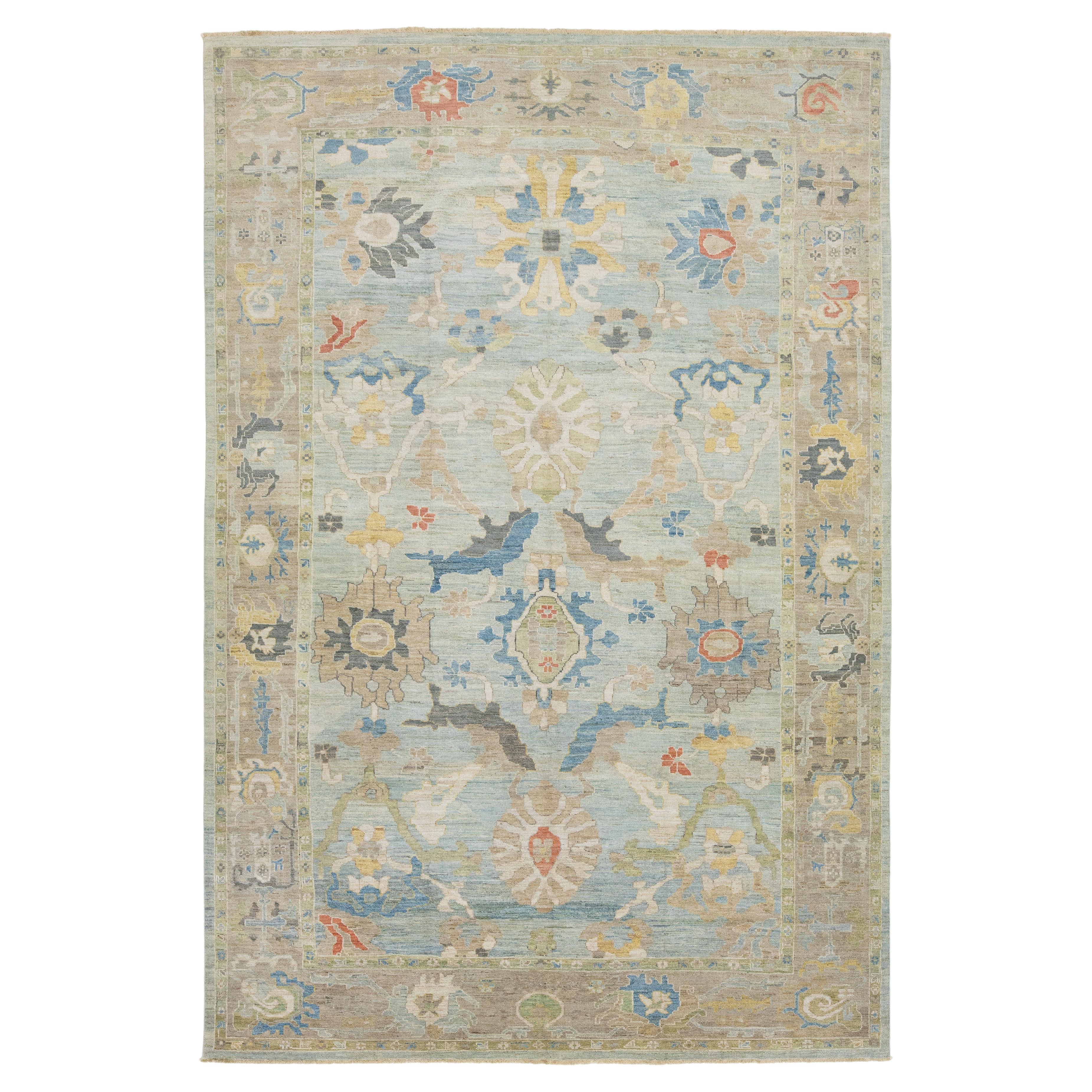 Apadana's Blauer moderner Sultanabad-Wollteppich aus Sultanabad, handgefertigt mit Allover-Design