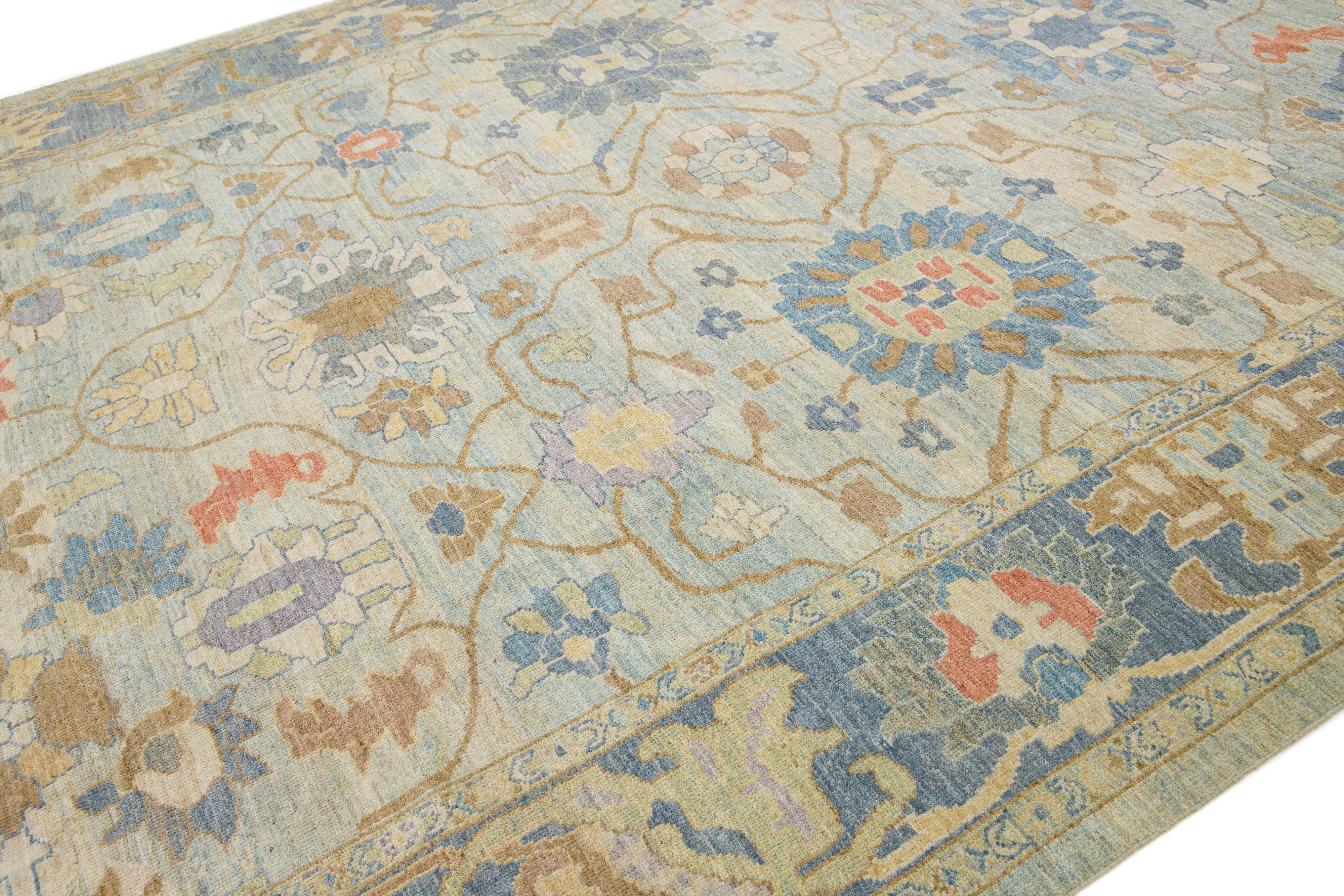Persian Blue Modern Sultanabad Wool Rug With Multicolor Floral Motif For Sale