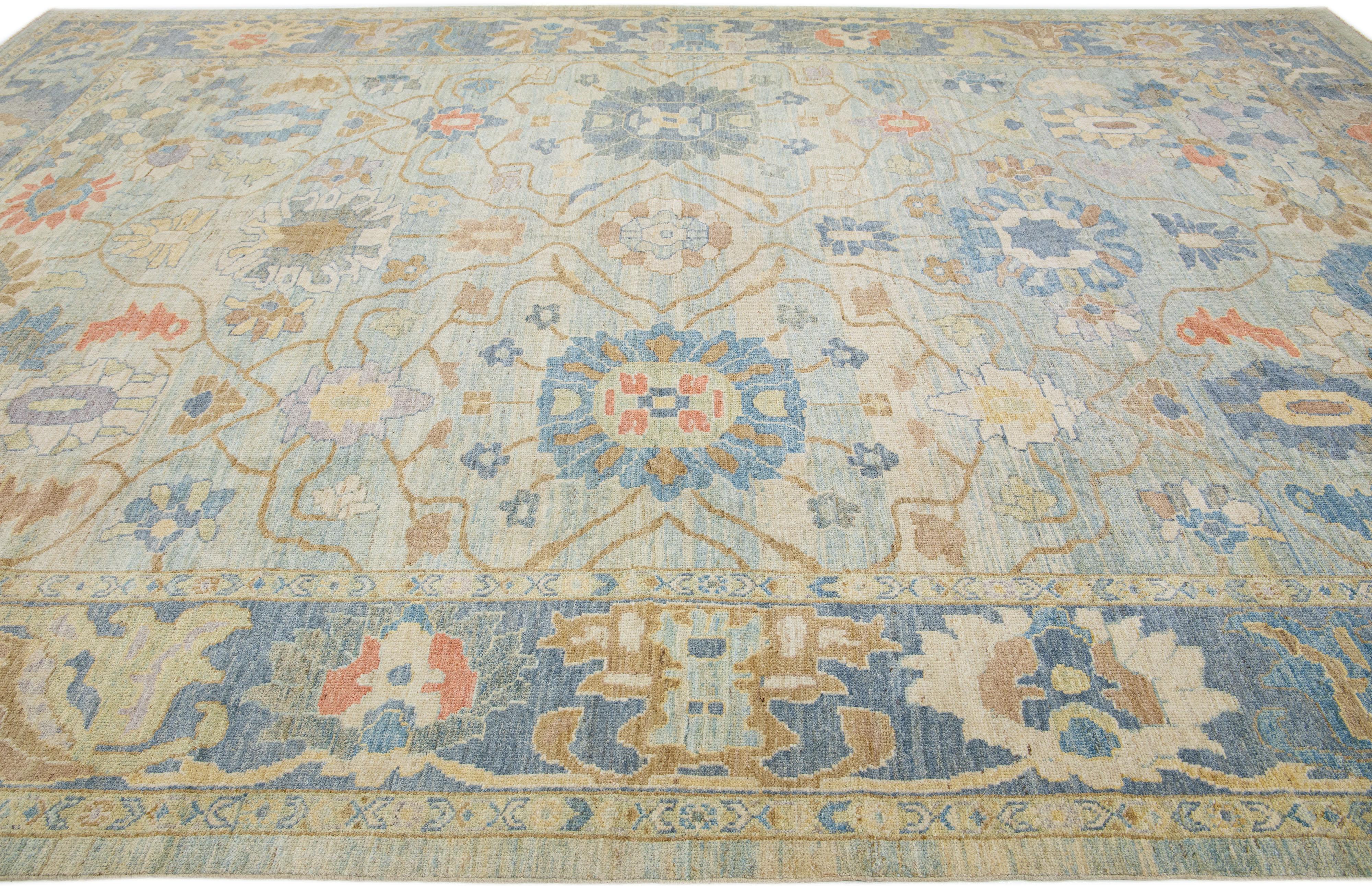 Hand-Knotted Blue Modern Sultanabad Wool Rug With Multicolor Floral Motif For Sale