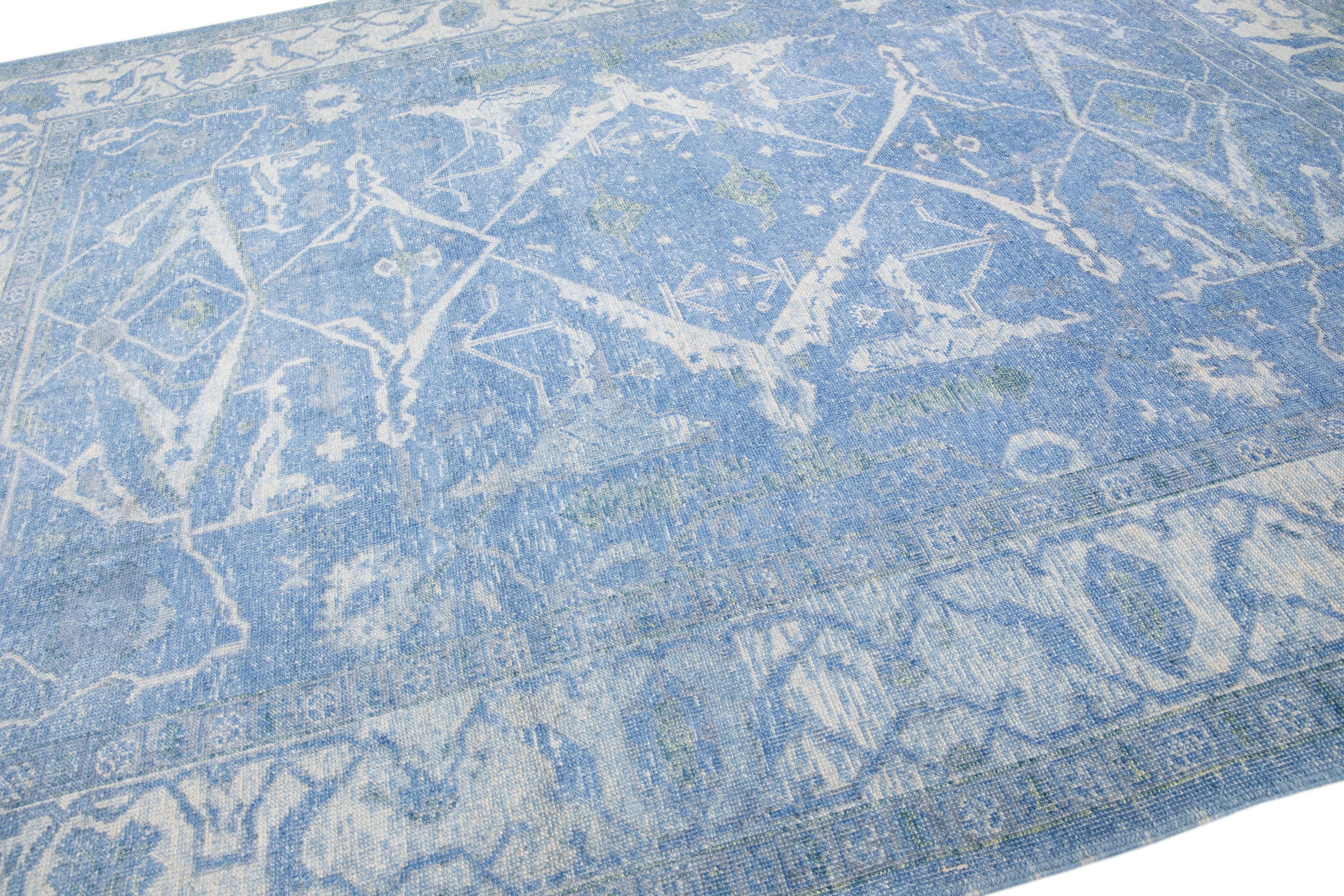 Blue Modern Turkish Oushak Handmade Wool Rug with White Geometric Motif In New Condition For Sale In Norwalk, CT