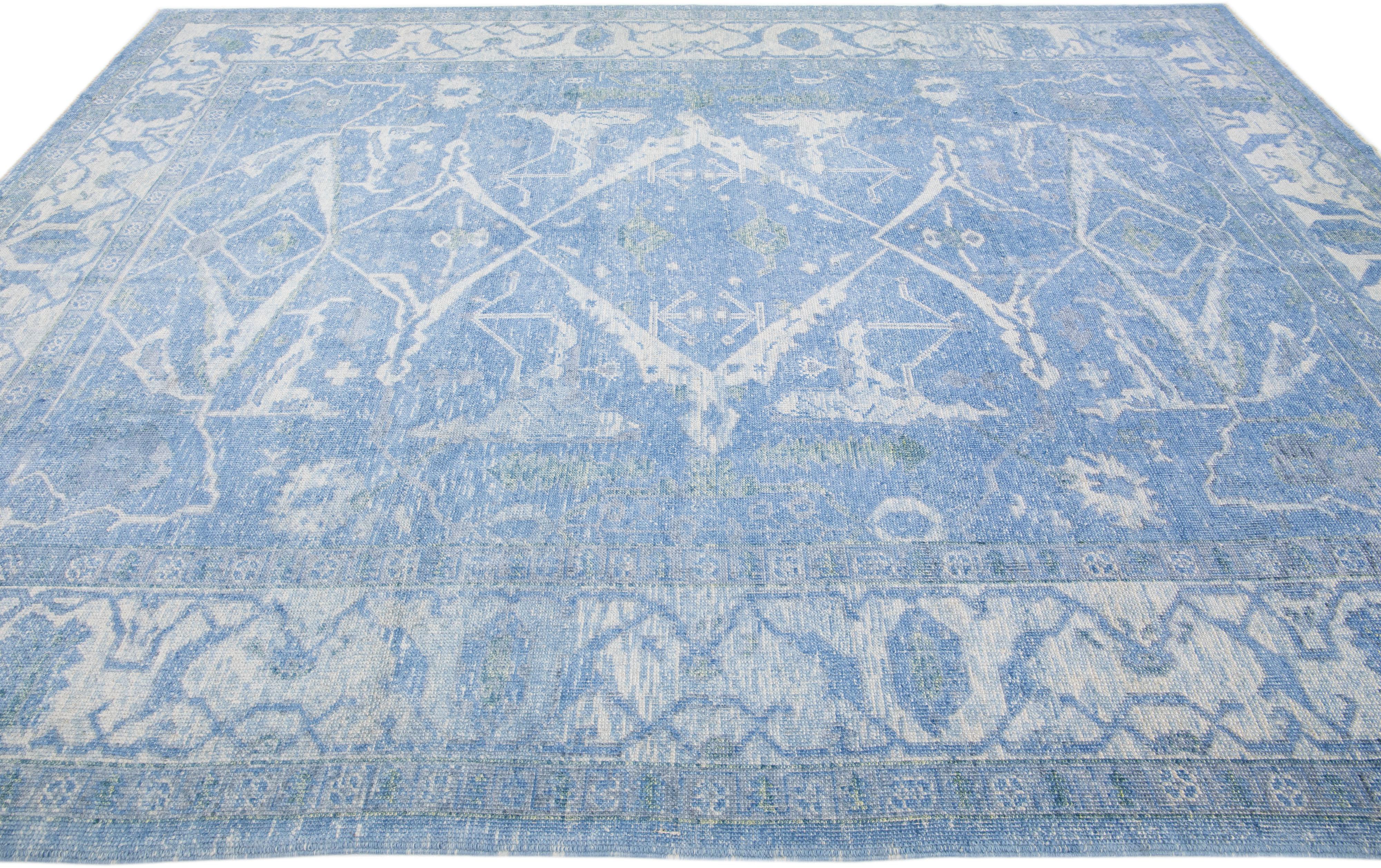 Contemporary Blue Modern Turkish Oushak Handmade Wool Rug with White Geometric Motif For Sale