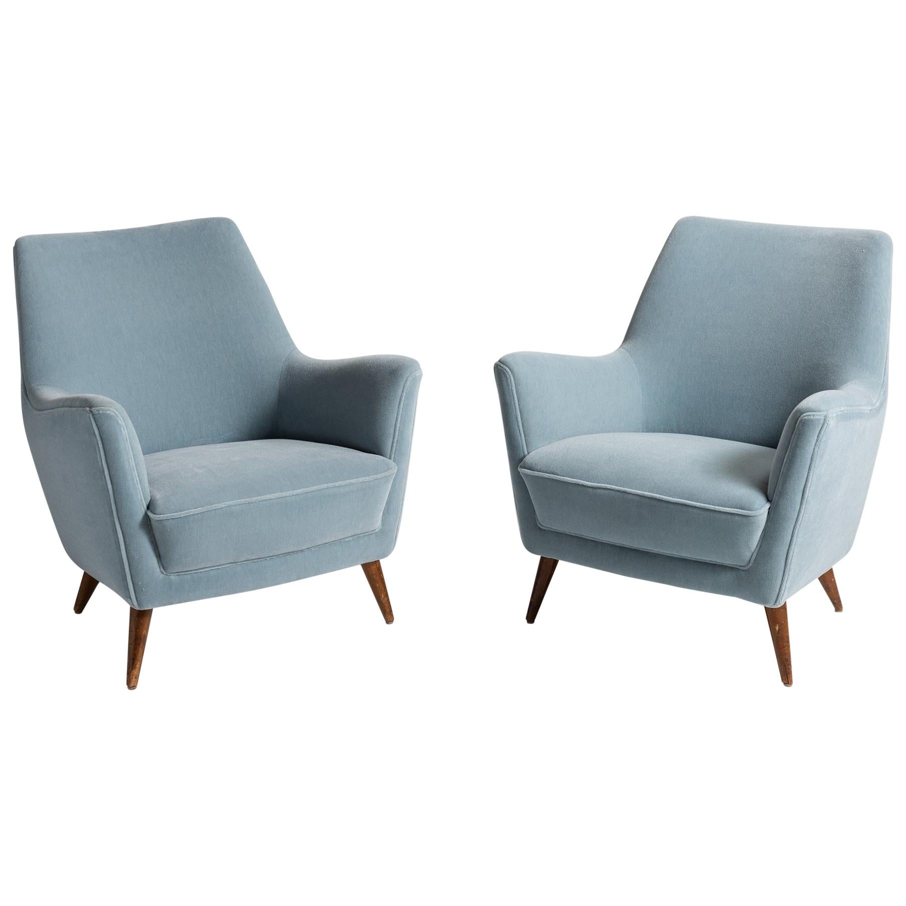 Blue Mohair Armchairs, Italy, circa 1960