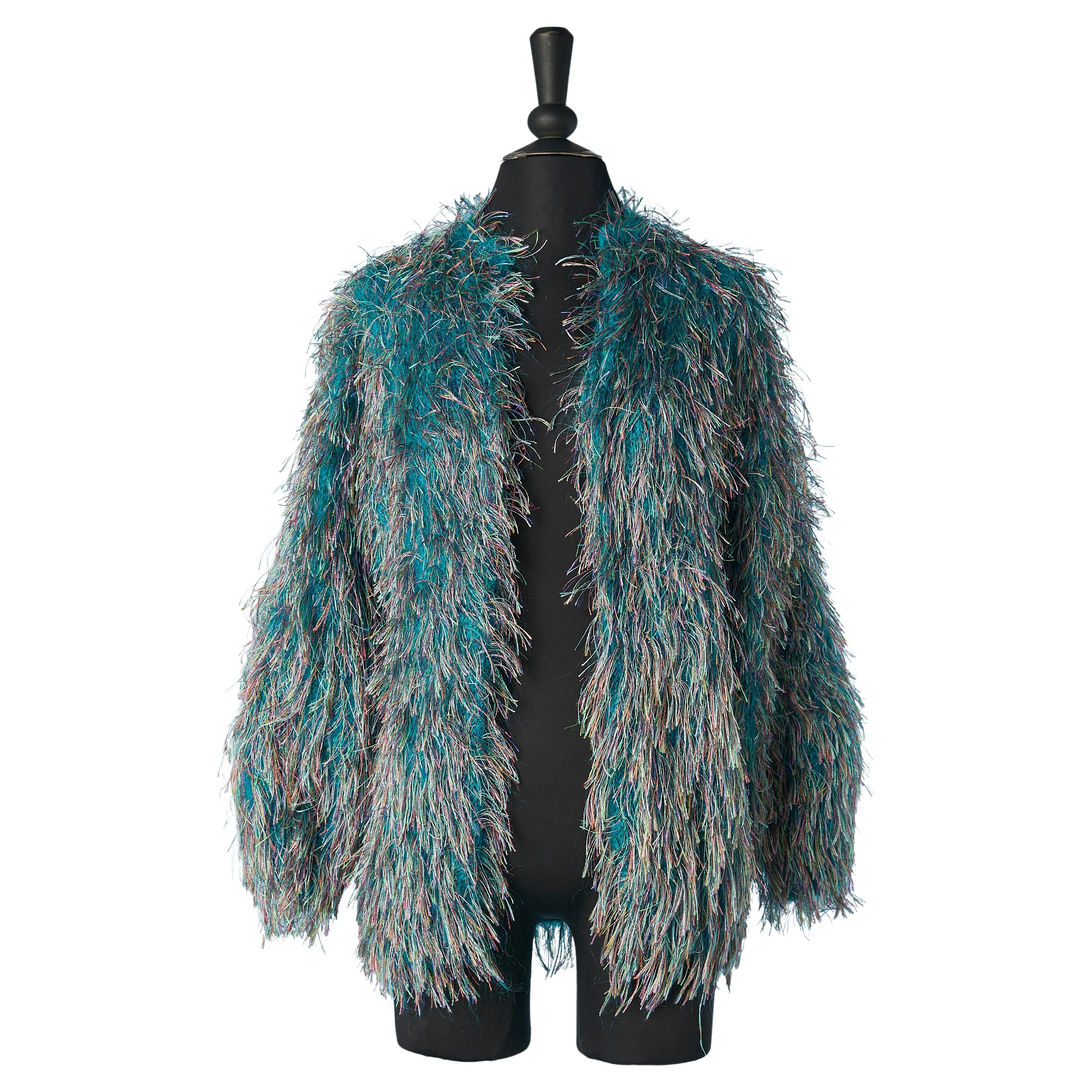 Blue mohair cardigan with multicolor threads "hair" allover Circa 1980's