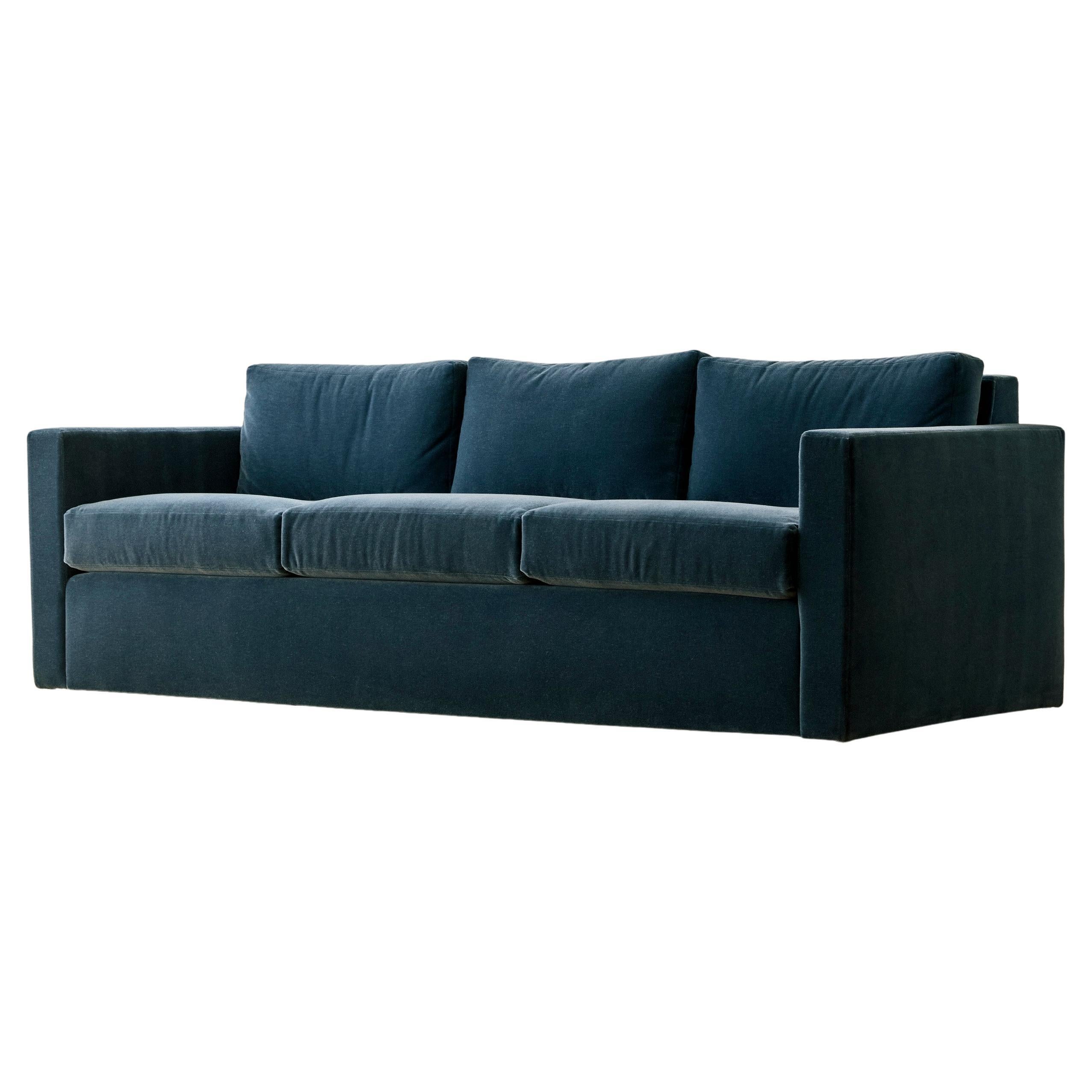 Blue Mohair Drexel Three Seater Sofa For Sale